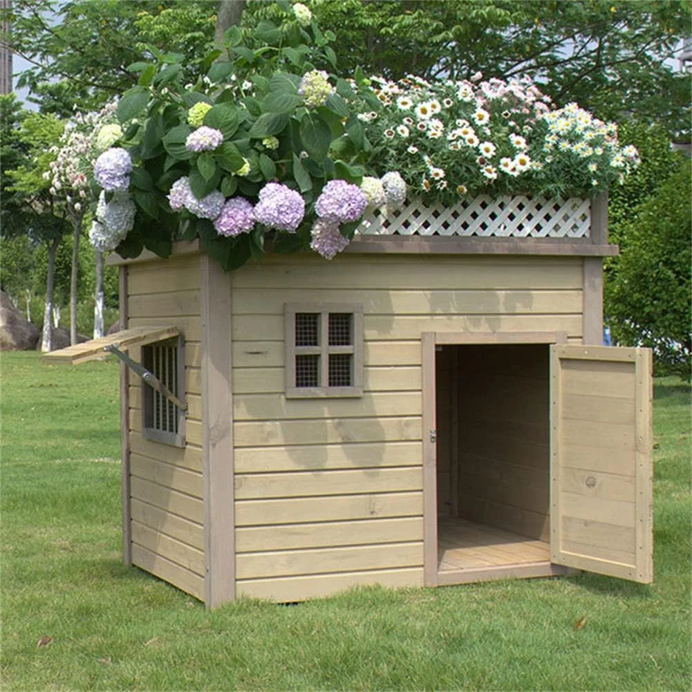 خانه سگ چوبی، قفس سگ/خانه حیوانات خانگی با درب جلو و پنجره های جانبی که می توان وسایل را روی آن قرار داد، مناسب برای استفاده سگ ها در داخل و خارج از منزل