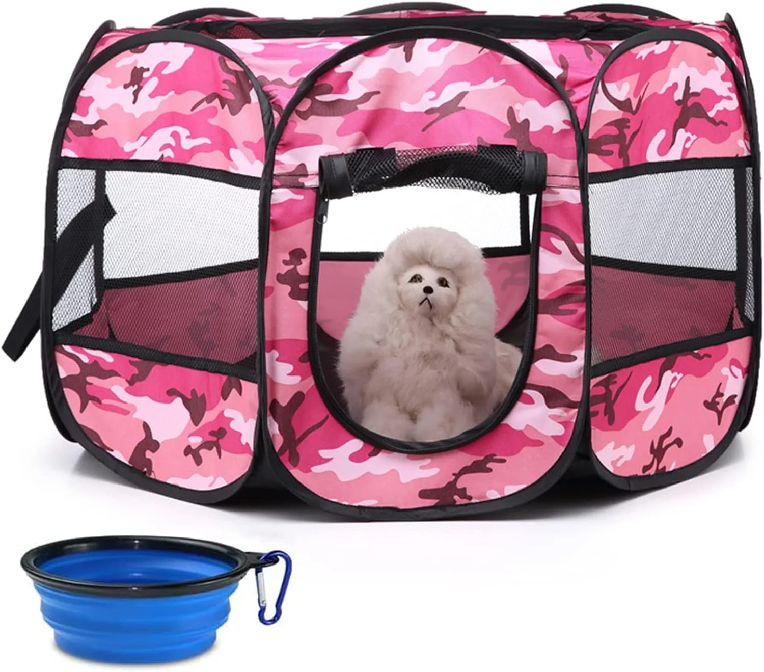 محوطه بازی حیوانات خانگی قابل حمل، محوطه بازی سگ تاشو، محوطه بازی توله سگ قابل حمل برای سگ/گربه/خرگوش کوچک، چادر بازی آکسفورد نرم، چادر حیوانات خانگی هشت ضلعی، لانه تاشو، کاسه مسافرتی رایگان، استتار صورتی، M