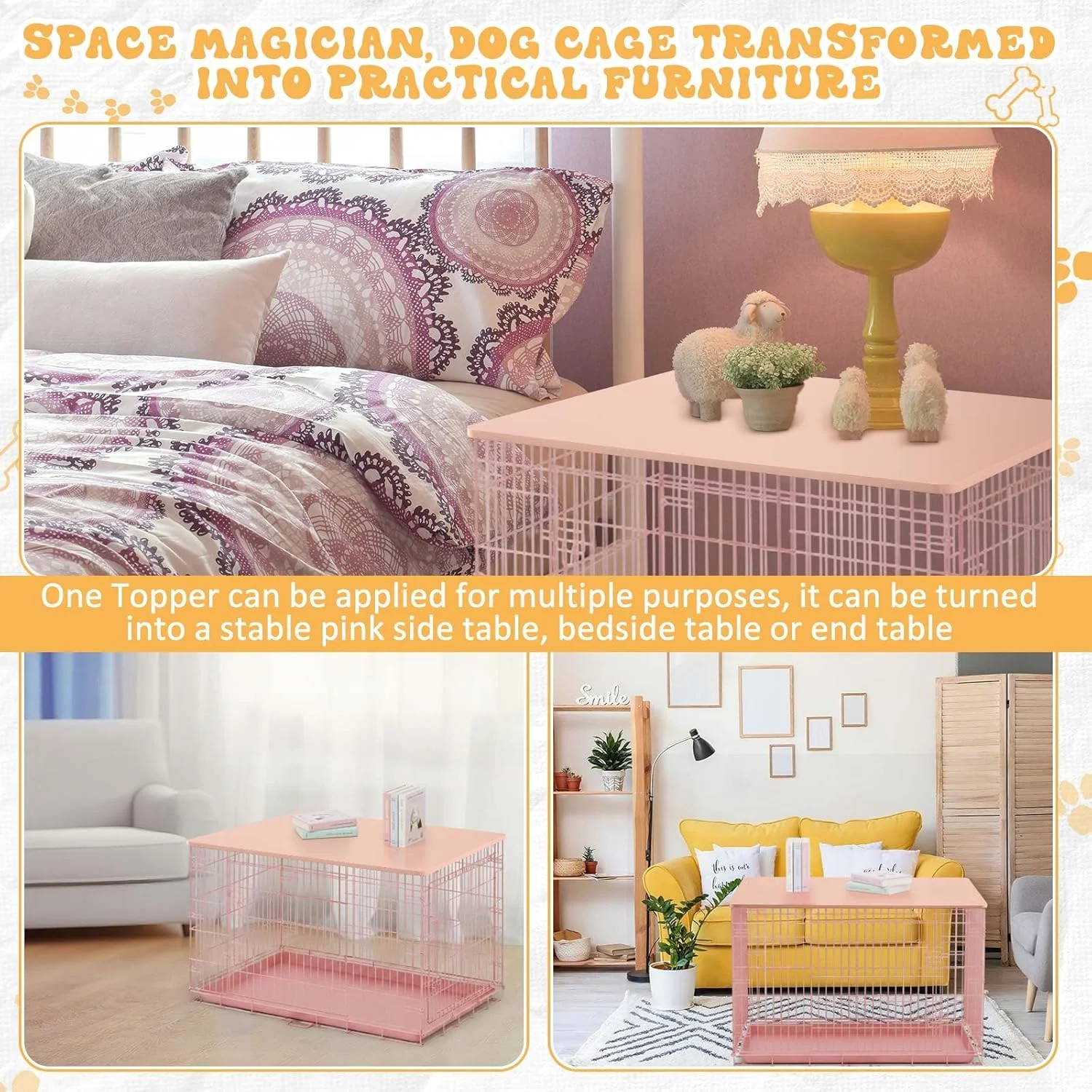 رویه چوبی قفس سگ Maxdot، مناسب برای قفس سگ 24 اینچی، رویه قفس صورتی تاشو، بادوام و تزئینی برای قفس حیوانات خانگی