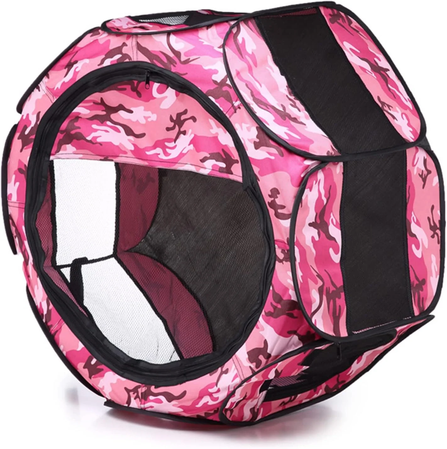 محوطه بازی حیوانات خانگی قابل حمل، محوطه بازی سگ تاشو، محوطه بازی توله سگ قابل حمل برای سگ/گربه/خرگوش کوچک، چادر بازی آکسفورد نرم، چادر حیوانات خانگی هشت ضلعی، لانه تاشو، کاسه مسافرتی رایگان، استتار صورتی، M