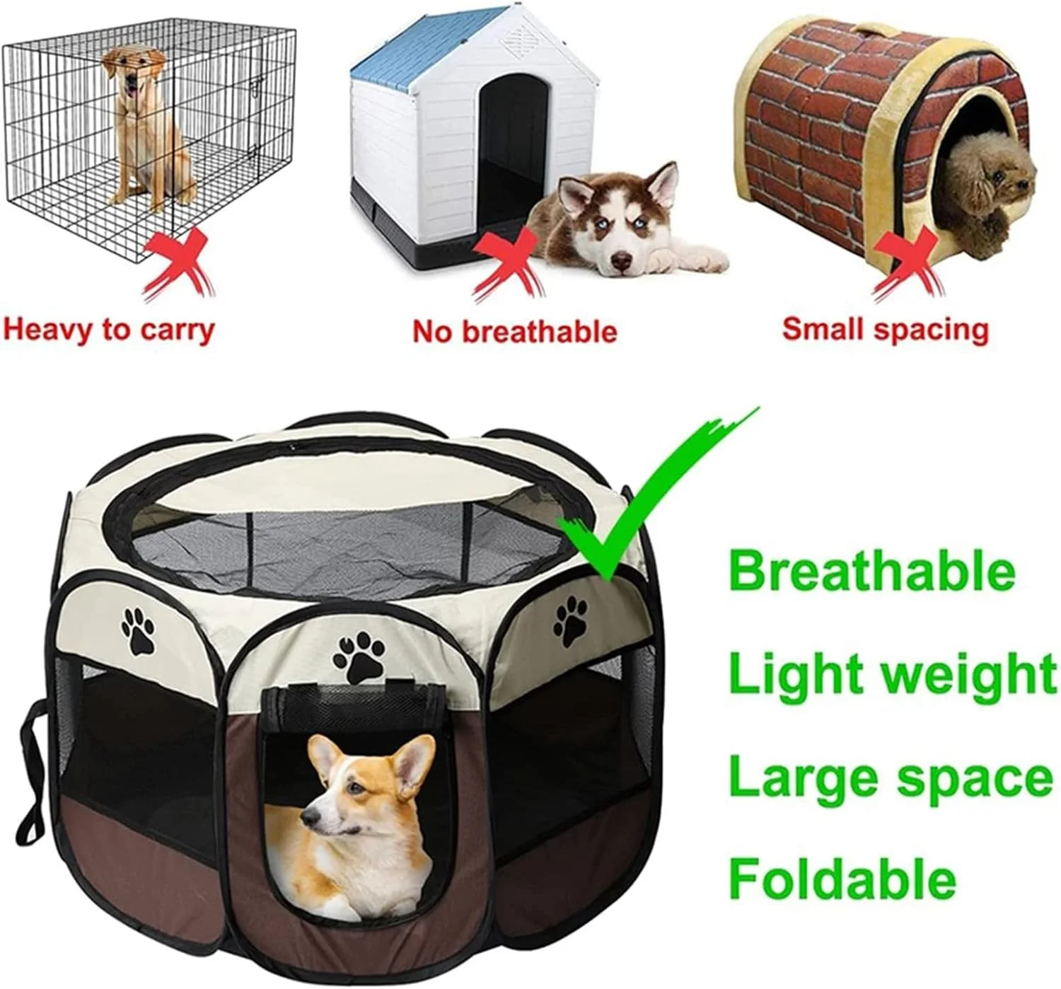 محوطه بازی تاشو قابل حمل حیوانات خانگی، قفس تمرینی سگ، چادر هشت ضلعی حیوانات خانگی برای سگ، گربه، خرگوش، مناسب برای استفاده در سفر در فضای داخلی و خارجی با کیف حمل رایگان و کاسه مسافرتی، قهوه ای، L