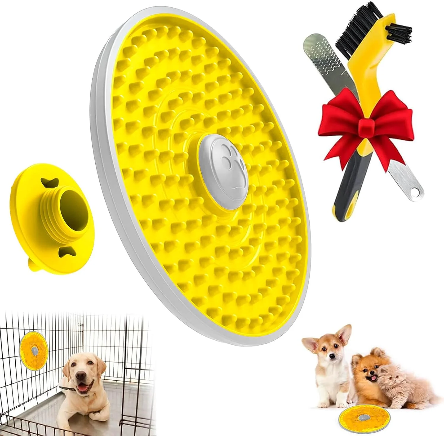 پد لیسیدنی سگ، پد لیسیدنی قفس سگ، غذاده آهسته پد لیسیدنی، اسباب بازی آموزش قفس پد لیسیدنی، بسیار مناسب برای کره بادام زمینی، ماست، بلونز (زرد)