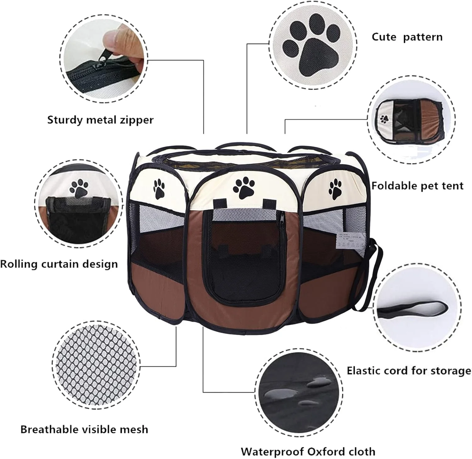 محوطه بازی تاشو قابل حمل حیوانات خانگی، قفس تمرینی سگ، چادر هشت ضلعی حیوانات خانگی برای سگ، گربه، خرگوش، مناسب برای استفاده در سفر در فضای داخلی و خارجی با کیف حمل رایگان و کاسه مسافرتی، قهوه ای، L
