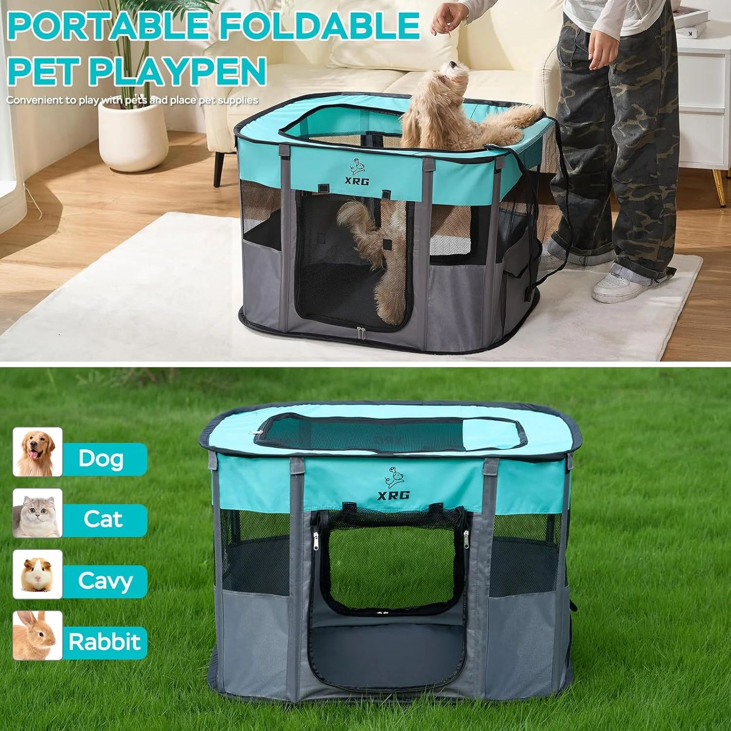 محوطه بازی سگ XRG با پد ضد آب، قفس سگ قابل حمل برای سگ های متوسط، قفس گربه در فضای داخلی با پوشش سایه مقاوم و تنفسی، محوطه بازی حیوانات خانگی برای سگ ها، استفاده در فضای داخلی و خارجی برای حیوانات خانگی کوچک و متوسط (L، سبز)