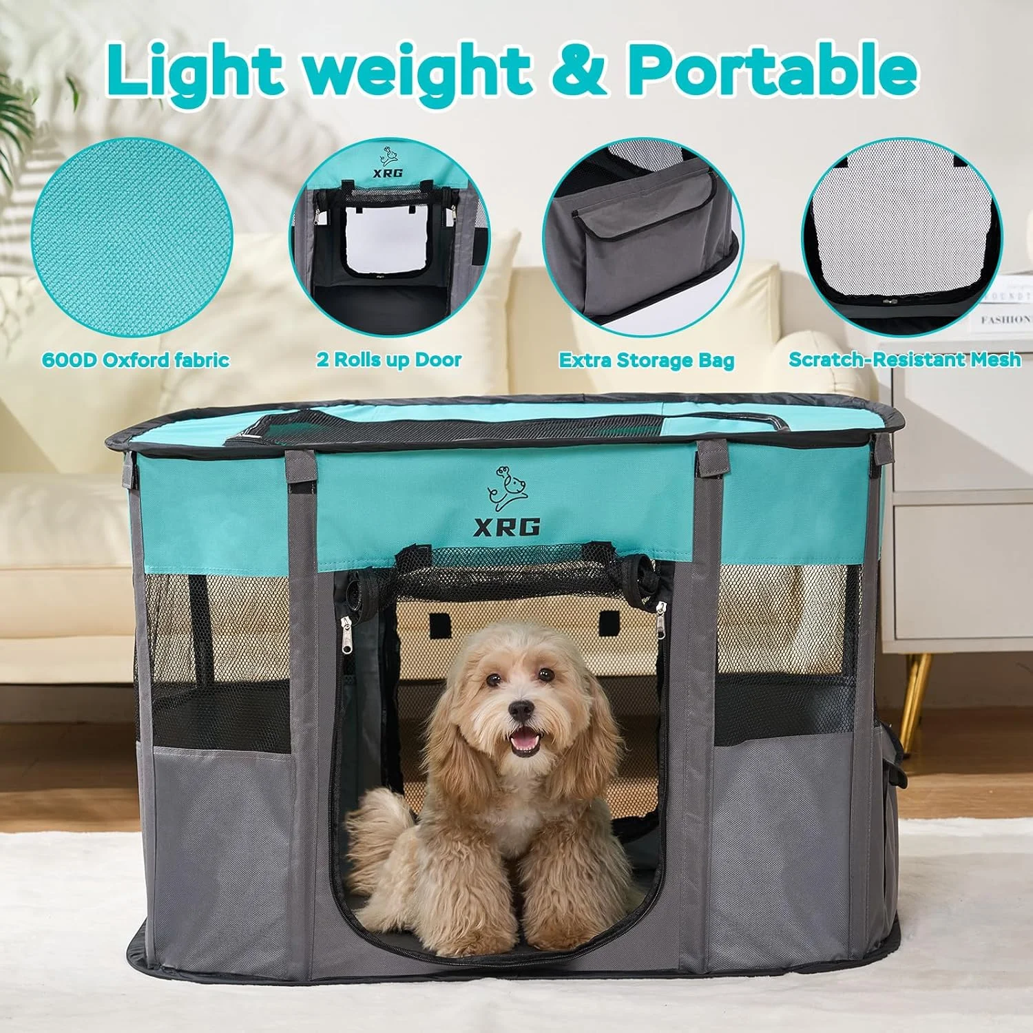 محوطه بازی سگ XRG با پد ضد آب، قفس سگ قابل حمل برای سگ های متوسط، قفس گربه در فضای داخلی با پوشش سایه مقاوم و تنفسی، محوطه بازی حیوانات خانگی برای سگ ها، استفاده در فضای داخلی و خارجی برای حیوانات خانگی کوچک و متوسط (L، سبز)