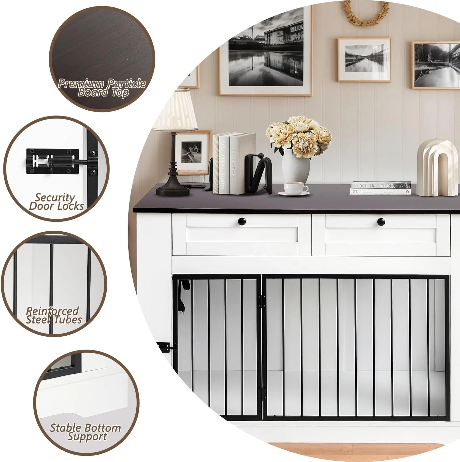 قفس بزرگ سگ FKLUG - قفس سگ مقاوم و تزئینی مناسب فضای داخلی، میز کنار تختی چوبی قفس سگ با ایستگاه شارژ، خانه سگ با 2 کشو (سفید، 120 سانتی متر)