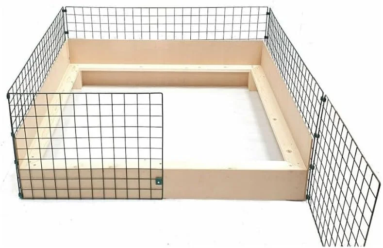 محوطه زایمان بزرگ سگ مدل Flexipanel پی دات ولف، ابعاد ۱.۲ متر در ۱.۲ متر، به همراه جعبه زایمان چوبی - نصب آسان - قابل تبدیل به محوطه، قفس، حصار و غیره