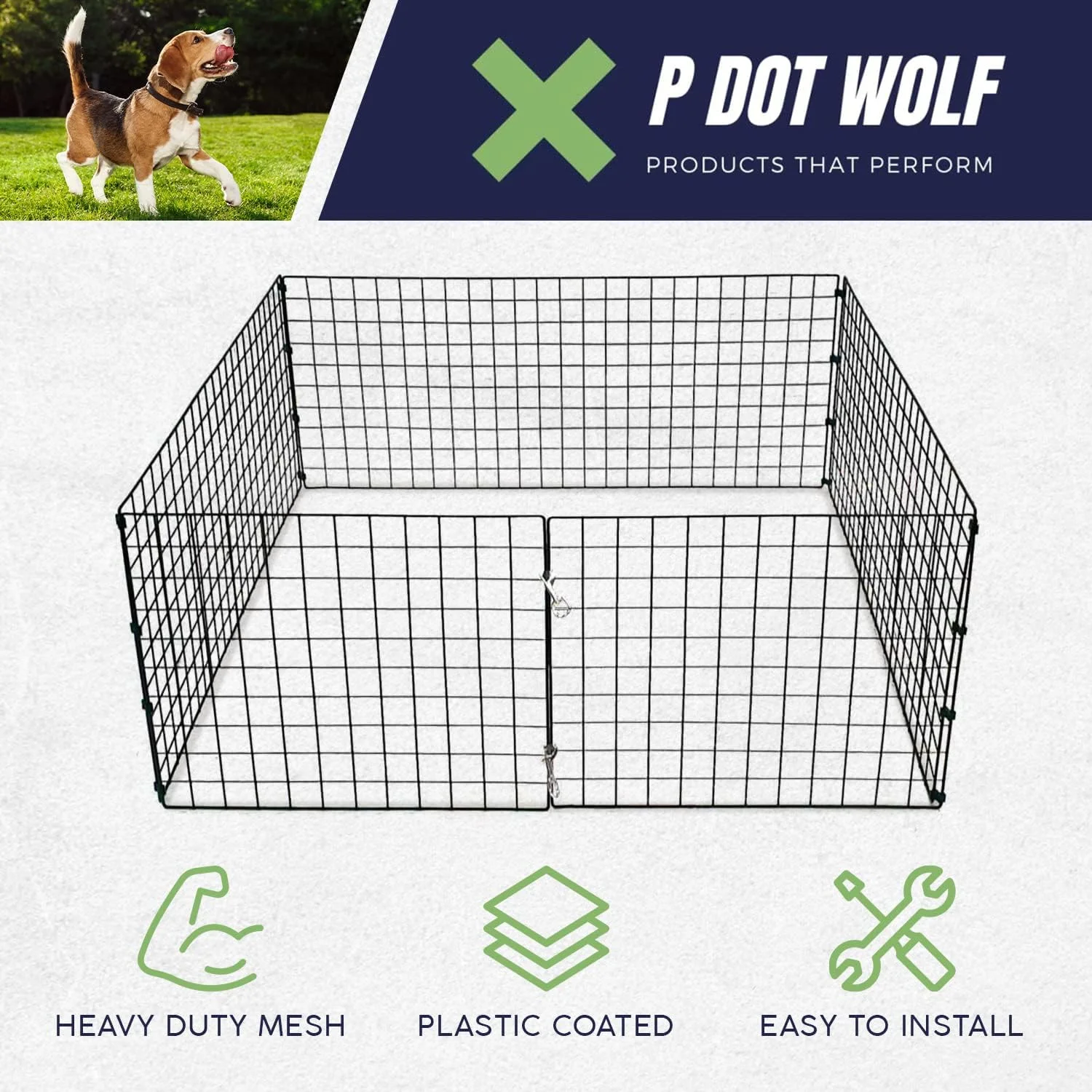 محوطه زایمان بزرگ سگ مدل Flexipanel پی دات ولف، ابعاد ۱.۲ متر در ۱.۲ متر، به همراه جعبه زایمان چوبی - نصب آسان - قابل تبدیل به محوطه، قفس، حصار و غیره