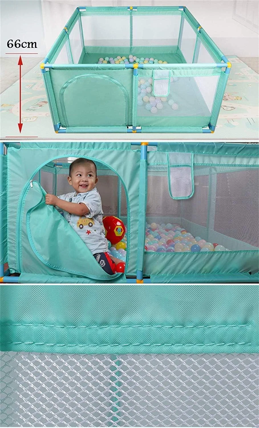 پارک بازی کودک DOKGRYD، مبلمان اتاق کودک، مجموعه پارک بازی و استخر توپ برای نوزادان | پارک بازی مربع شکل کودک | 128x66 سانتی متر | سبز