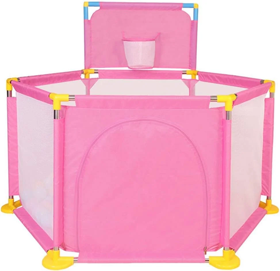 پارک بازی کودک DOKGRYD مدل شش ضلعی با سبد، مرکز بازی و حیاط بازی کودک، اسباب بازی های پیش دبستانی، زمین بازی سرپوشیده، تشک های محافظ - 129x66 سانتی متر - صورتی