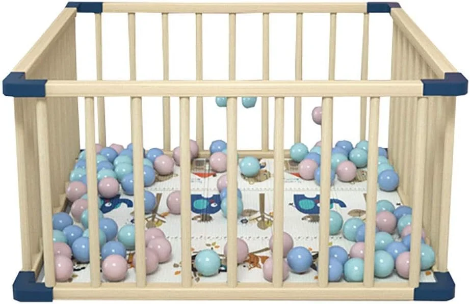 پارک بازی کودک چوبی کوچک DOKGRYD، مرکز فعالیت کودک با زیراندازهای ضد لغزش و 100 توپ - اندازه 120×120×61 سانتی متر