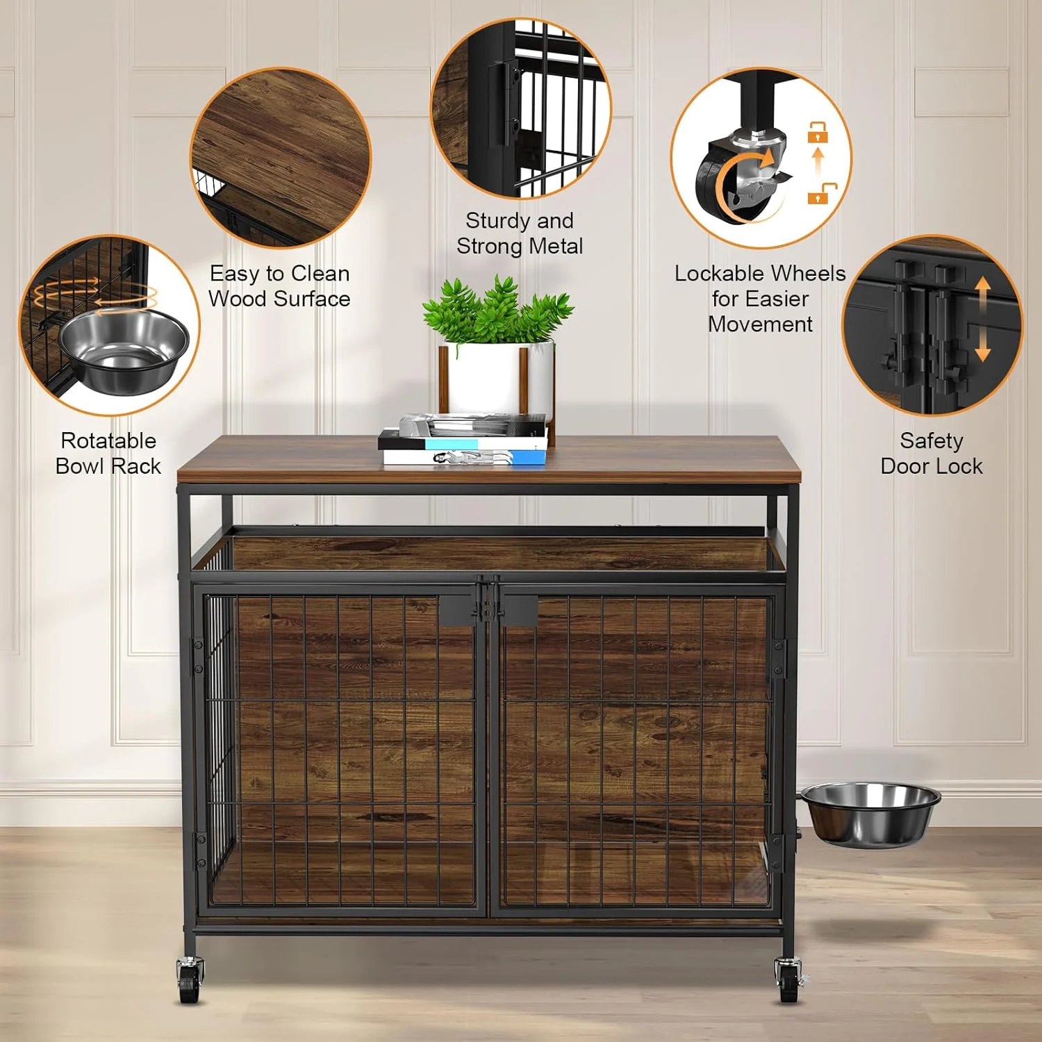 قفس سگ با چرخ، میز جانبی چوبی مستحکم، باکس سگ داخلی برای سگ های کوچک/متوسط، دارای دو درب و کاسه استیل ضد زنگ چرخان 360 درجه، 31 اینچ طول x 21.5 اینچ عرض x 27.5 اینچ ارتفاع