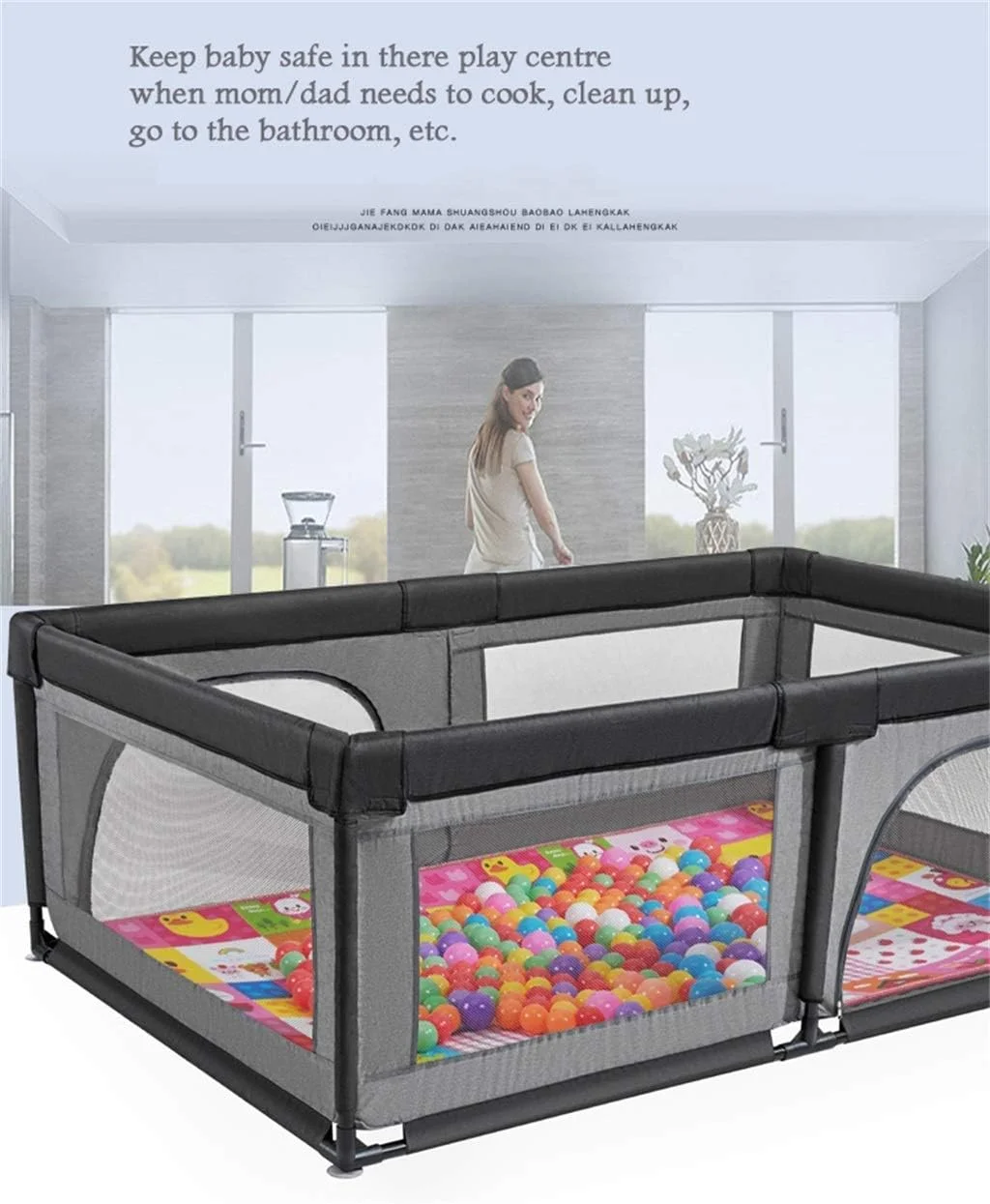 پارک بازی کودک DOKGRYD، مرکز فعالیت محافظ کودک، نرده محافظ کودک نوپا | ضد آب، قابل تنفس و شستشو - خاکستری - 120x190x70 سانتی متر