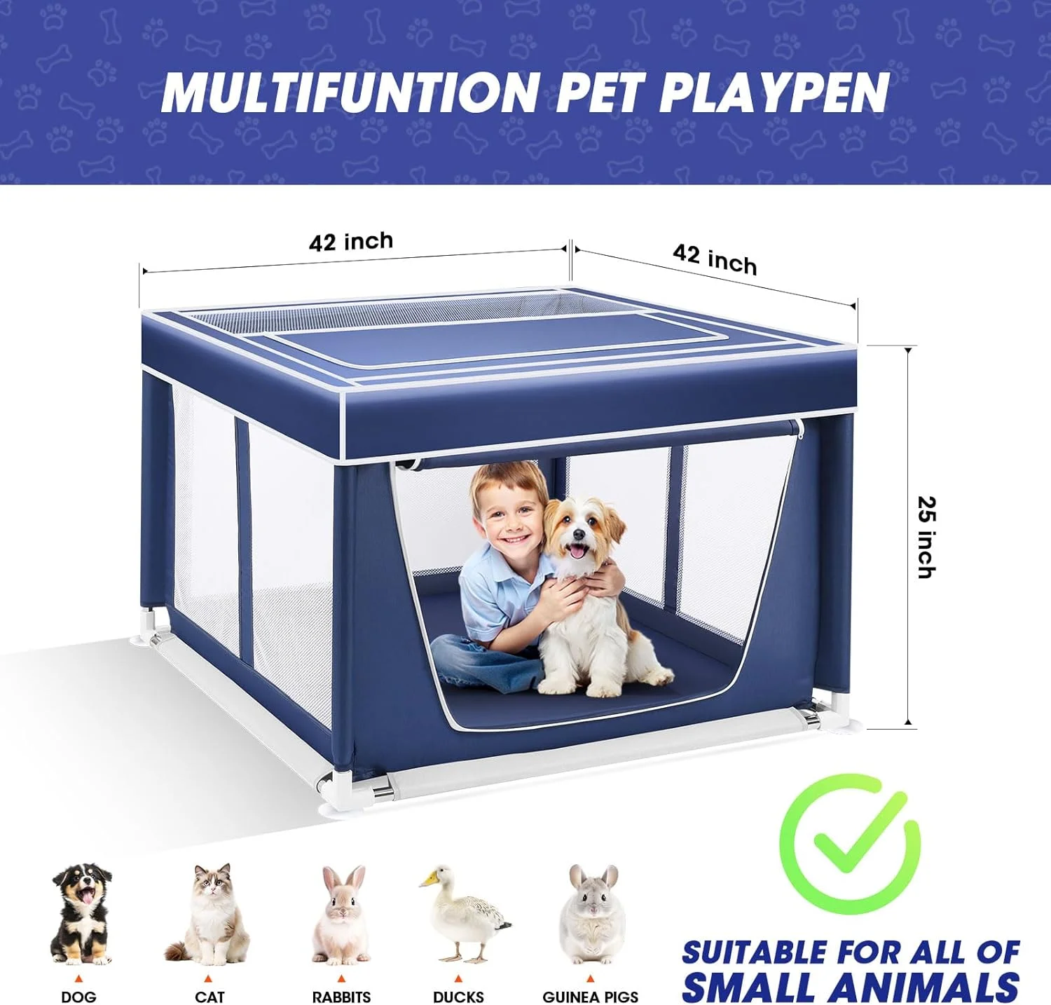 محوطه بازی سگ - محوطه بازی توله سگ با سقف جداشدنی، محوطه بازی سگ در داخل خانه 106x106x65 سانتی متر برای سگ های کوچک و حیوانات کوچک، حصار سگ داخلی و خارجی، حیاط بازی سگ با درب زیپ دار