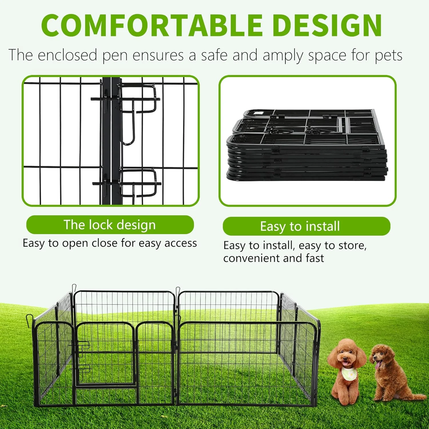 محوطه بازی سگ، ارتفاع 60 سانتی‌متر، 8 پنل، حصار فلزی سگ مناسب فضای داخلی و خارجی، محوطه بازی تاشو و مقاوم برای حیوانات خانگی بزرگ، متوسط و کوچک، محوطه تمرین سگ