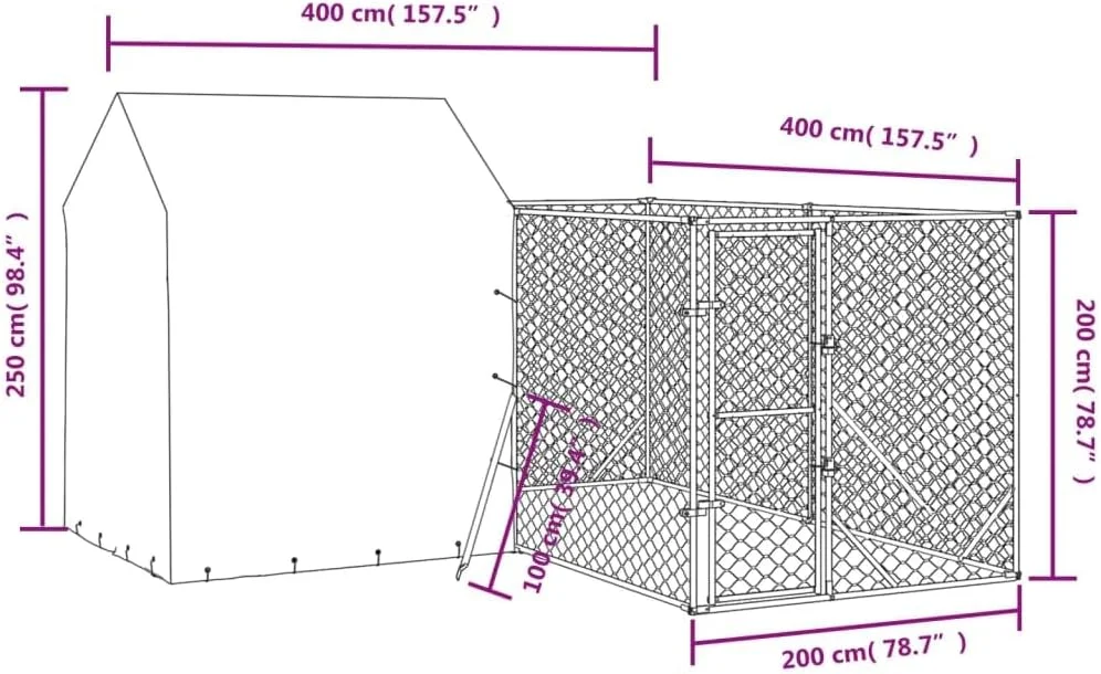 قفس سگ فضای باز با سقف، محوطه فلزی بزرگ حیوانات، خانه سگ مقاوم برای حیاط خلوت، نقره ای 4x4x2.5 متر فولاد گالوانیزه
