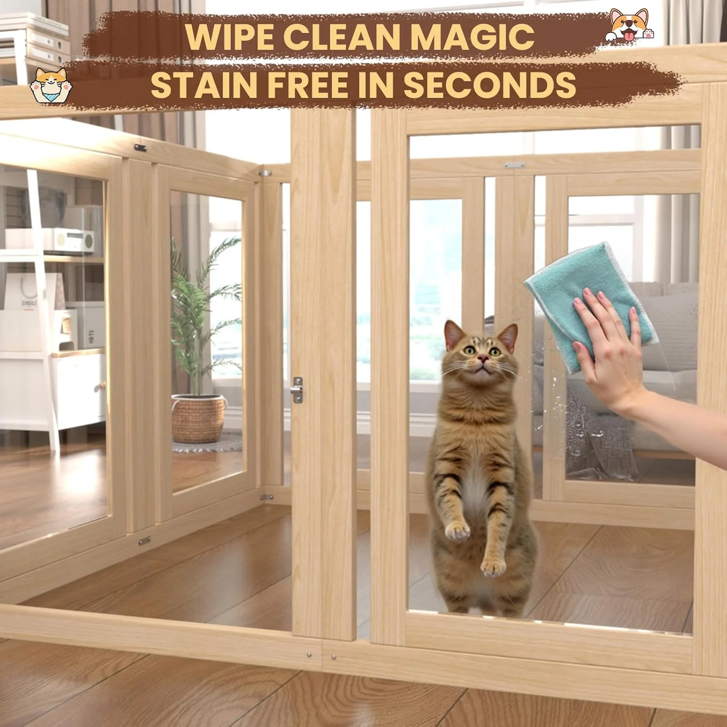 محوطه بازی سگ 8 پنلی با درب، محوطه بازی حیوانات خانگی 60 سانتی‌متری، محوطه بازی توله سگ اکریلیک شفاف، حصار چوبی توله سگ با دروازه، محوطه سگ شفاف، محوطه حیوانات خانگی برای سگ، گربه، خرگوش، کوچک و متوسط