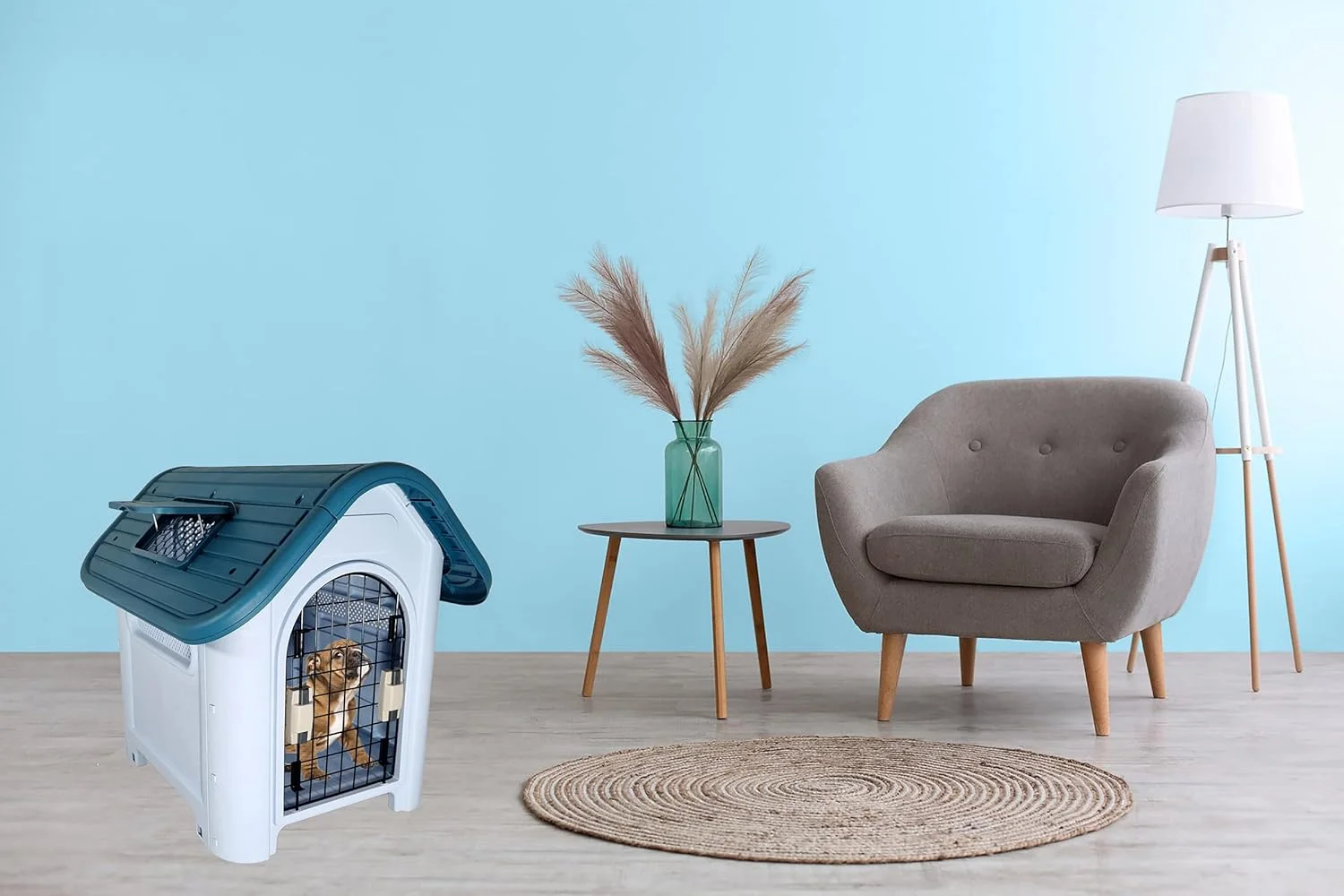 خانه سگ - لانه سگ ضد آب و محکم برای سگ های کوچک و متوسط - درب قفل دار، پنجره بالابر و سوراخ های تهویه، مونتاژ آسان برای استفاده در داخل و خارج از منزل، 66 سانتی متر (آبی)