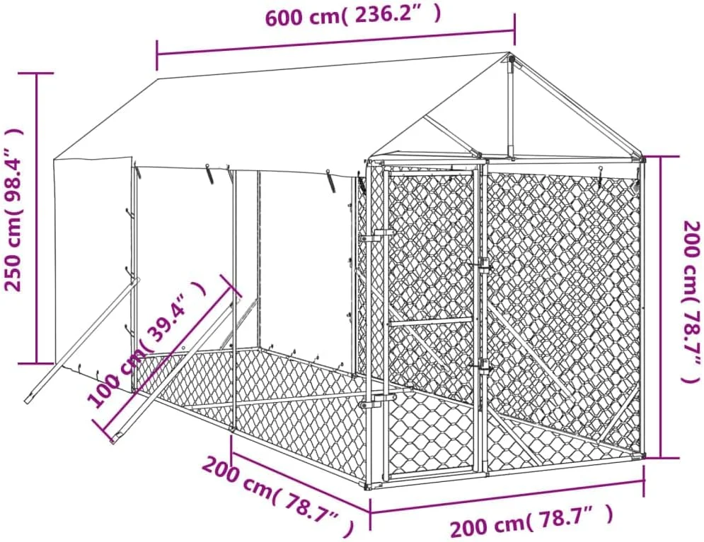 قفس سگ بیرونی با سقف، محوطه فلزی بزرگ حیوانات، خانه سگ مقاوم برای حیاط خلوت، نقره ای 2x6x2.5 متر فولاد گالوانیزه