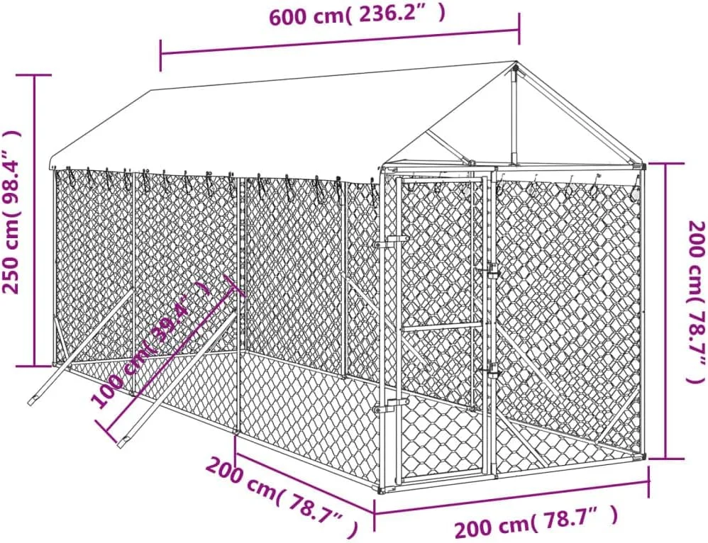 قفس سگ فضای باز با سقف، محوطه فلزی بزرگ حیوانات، خانه سگ مقاوم برای حیاط خلوت، نقره ای 2x6x2.5 متر فولاد گالوانیزه قفس سگ فضای باز با سقف، محوطه فلزی بزرگ حیوانات، خانه سگ مقاوم برای حیاط خلوت، نقره ای 2x6x2.5 متر فولاد گالوانیزه