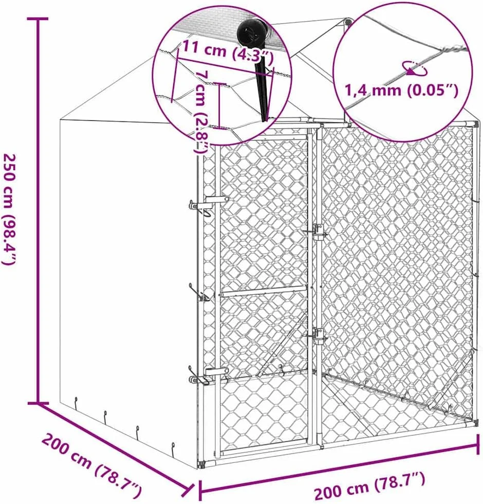 قفس سگ فضای باز با سقف، محوطه فلزی بزرگ حیوانات، خانه سگ مقاوم برای حیاط خلوت، نقره ای 2x2x2.5 متر فولاد گالوانیزه