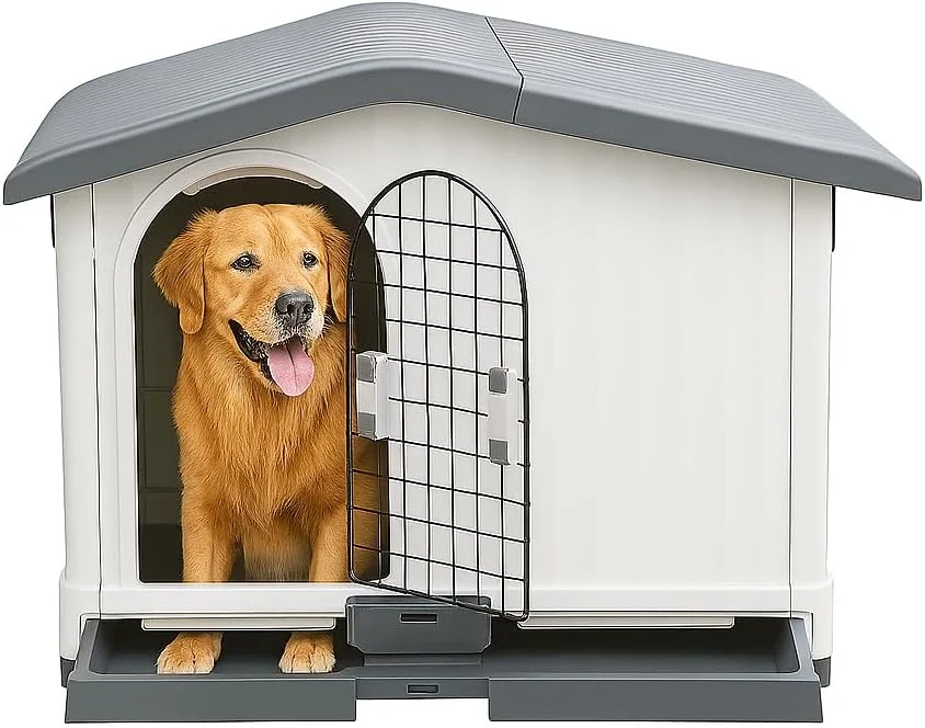 خانه سگ مناسب فضای باز و داخل خانه - خانه پلاستیکی سگ برای سگ های کوچک و متوسط - سقف تهویه دار قابل تنظیم، سینی کشویی و نوار جریان هوای جانبی، سرپناه با مونتاژ آسان، 88 سانتی متر (خاکستری)
