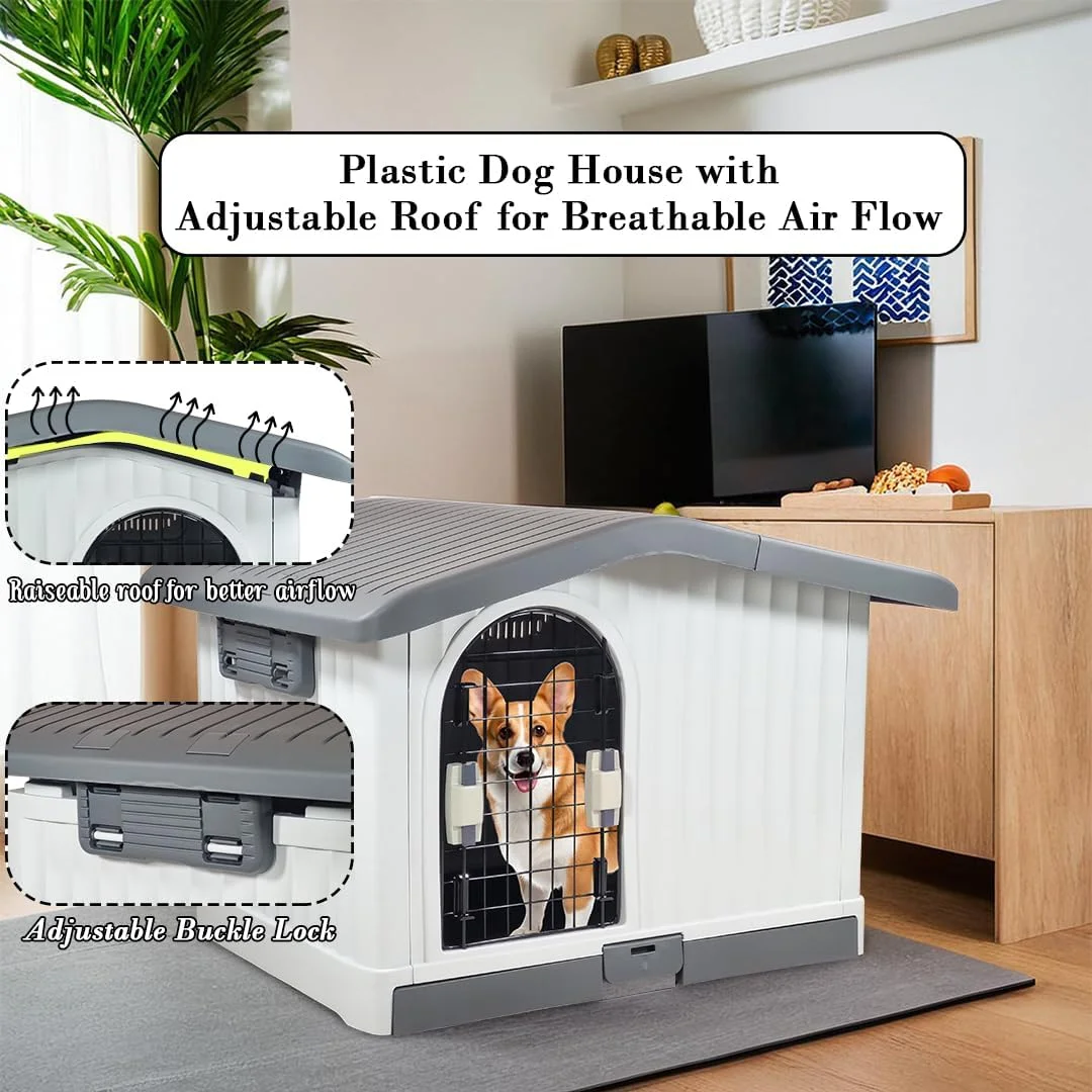 خانه سگ مناسب فضای باز و داخل خانه - خانه پلاستیکی سگ برای سگ های کوچک و متوسط - سقف تهویه دار قابل تنظیم، سینی کشویی و نوار جریان هوای جانبی، سرپناه با مونتاژ آسان، 88 سانتی متر (خاکستری)