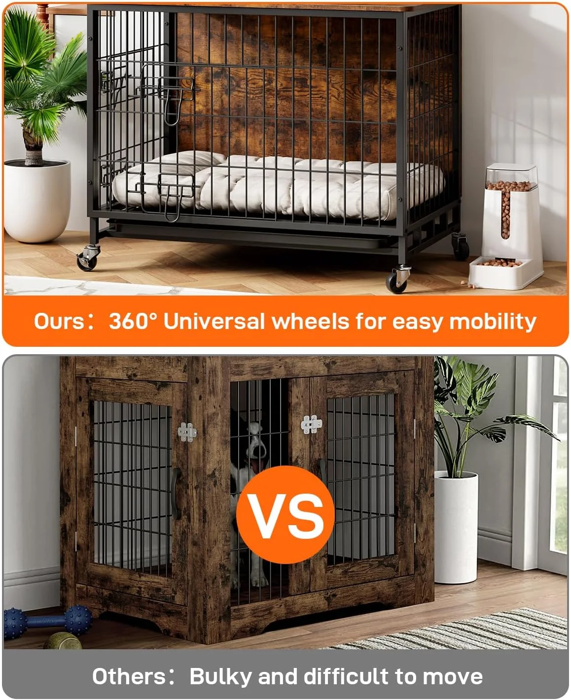 مبلمان باکس سگ، باکس سگ داخلی 27.2 اینچی با دو درب با سینی و چرخ های قابل جابجایی، باکس چوبی سگ برای سگ های کوچک، مبلمان باکس سگ، میز کنار تختی قفس سگ تزئینی، خاکستری روستایی