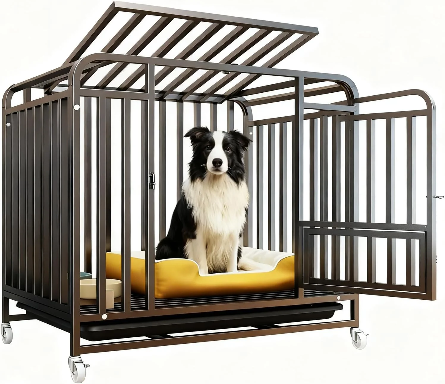 قفس سگ با سینی جداشدنی، قفس بزرگ سگ با چرخ، لانه سگ دو درب مشکی 96 * 65 * 85 سانتی متر