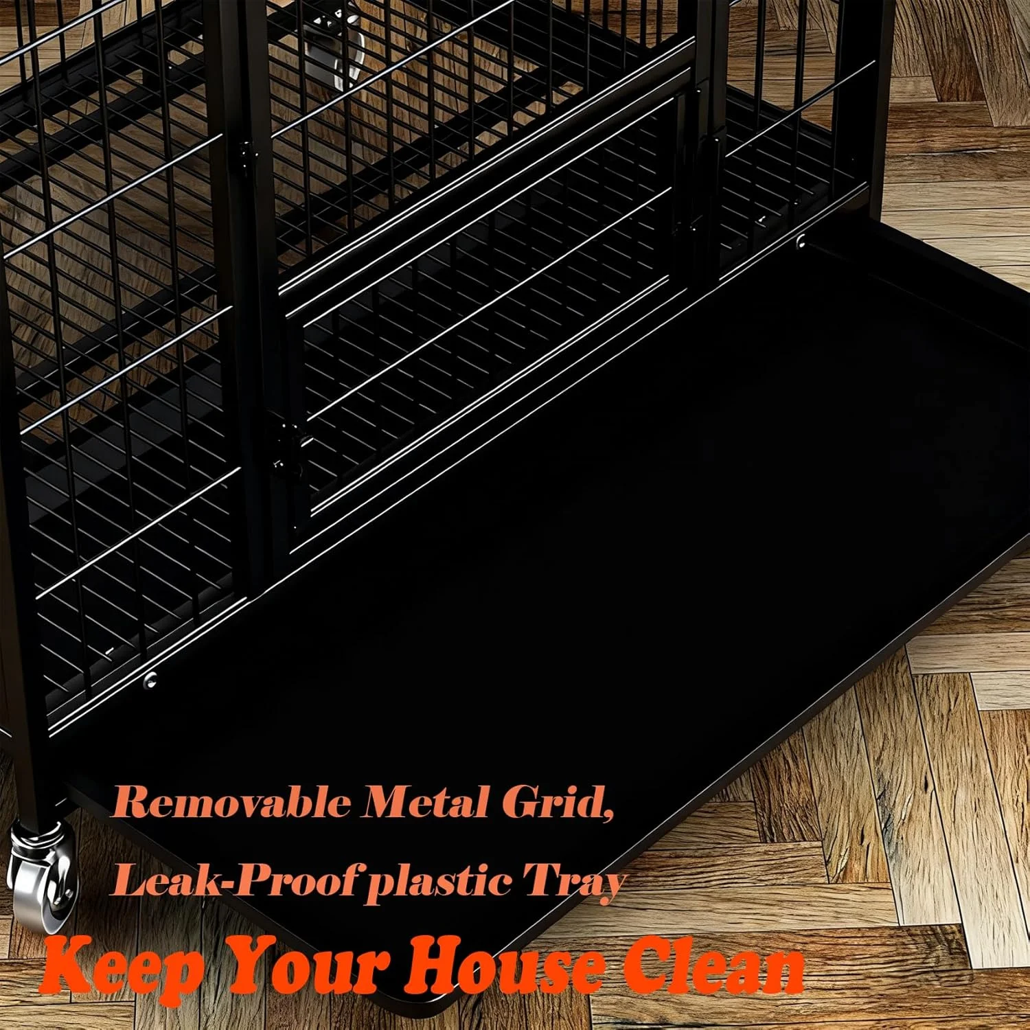 قفس سگ با سینی جداشدنی، قفس بزرگ سگ با چرخ، لانه سگ دو درب مشکی 77 * 51 * 71 سانتی متر