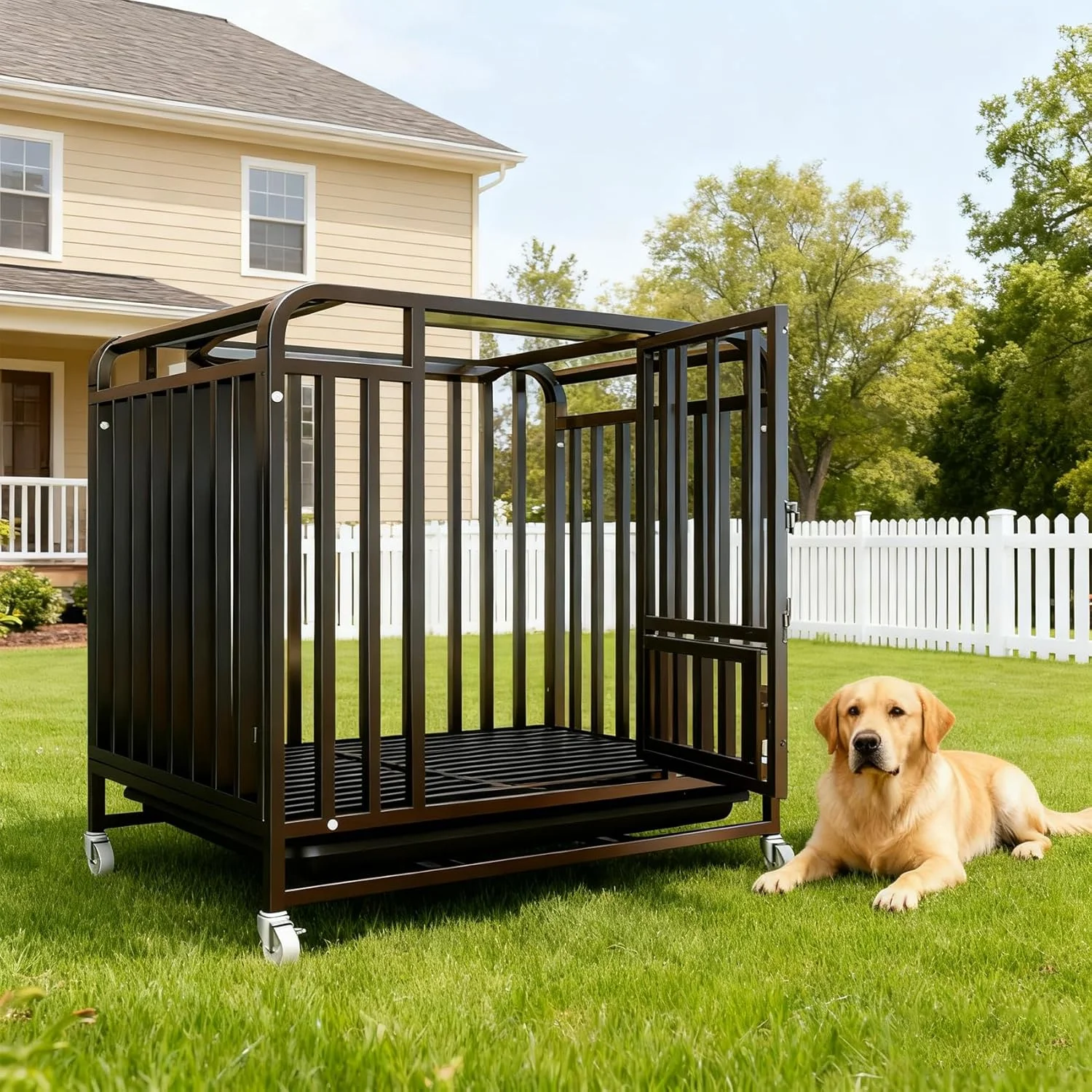 قفس سگ با سینی جداشدنی، قفس بزرگ سگ با چرخ، لانه سگ دو درب مشکی 96 * 65 * 85 سانتی متر