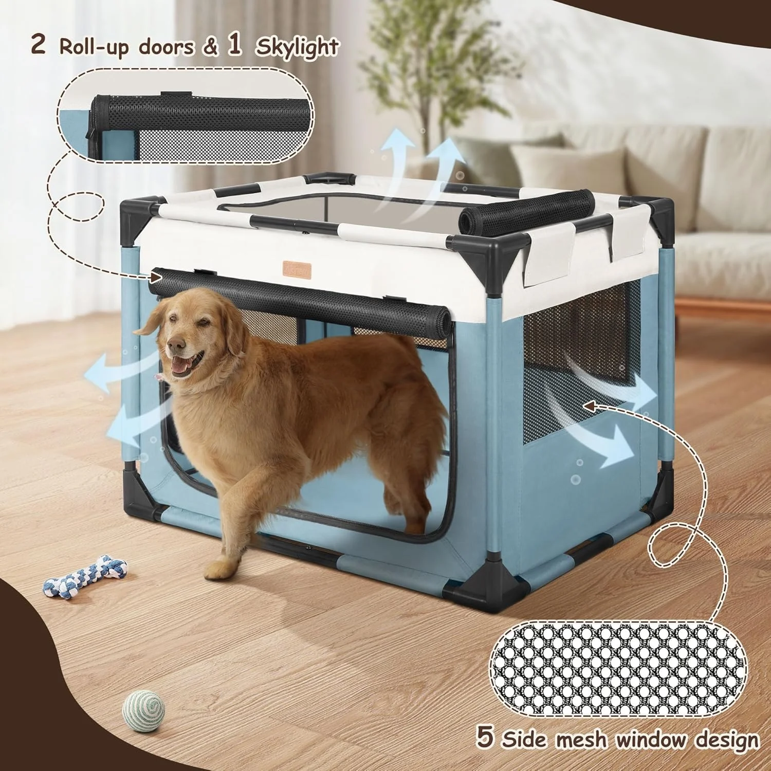  باکس سگ - باکس تاشو نرم برای حیوانات خانگی - محوطه بازی قابل حمل و تنفسی مناسب برای سگ و گربه کوچک/متوسط - چند منظوره داخلی/خارجی - آبی (طول 91.44 سانتی متر x عرض 63.5 سانتی متر x ارتفاع 63.5 سانتی متر)