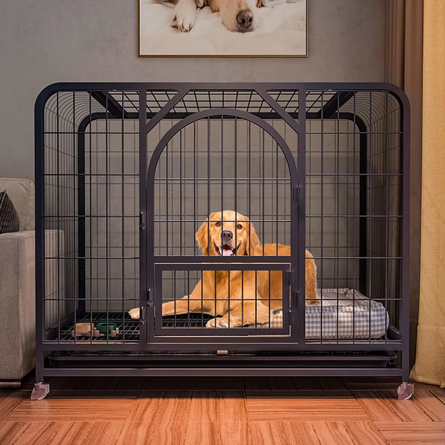 قفس سگ - لانه سگ بزرگ فلزی سنگین با سینی و چرخ برای حیوانات خانگی متعدد