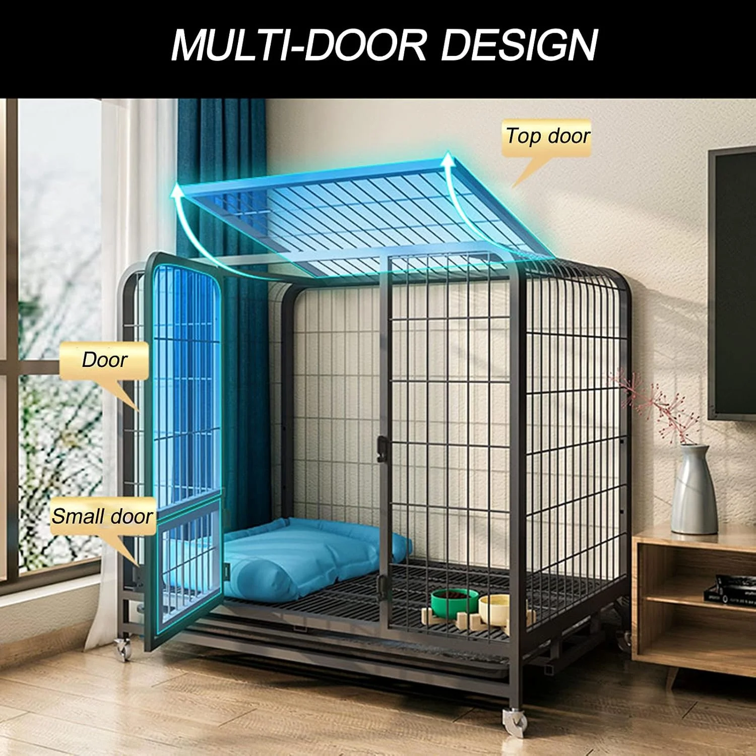 قفس سگ - لانه سگ بزرگ فلزی سنگین با سینی و چرخ برای حیوانات خانگی متعدد