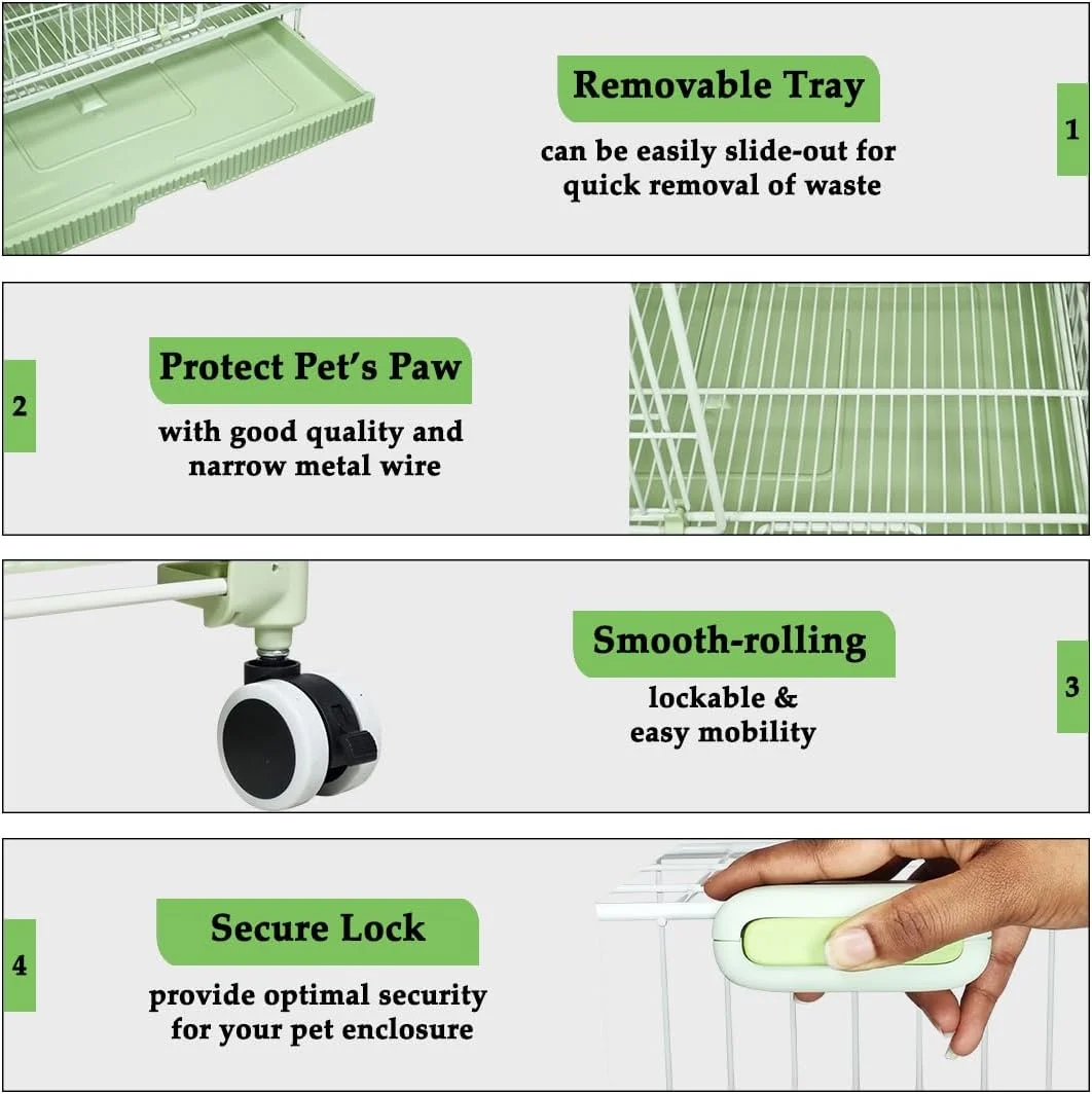قفس سگ - باکس فلزی بادوام برای سگ های کوچک و متوسط - طراحی با سقف باز، قفل درب ایمن، سینی قابل جابجایی و چرخ های جهانی، قفس حیوانات خانگی برای استفاده در داخل و خارج از منزل، 64 سانتی متر (سبز)
