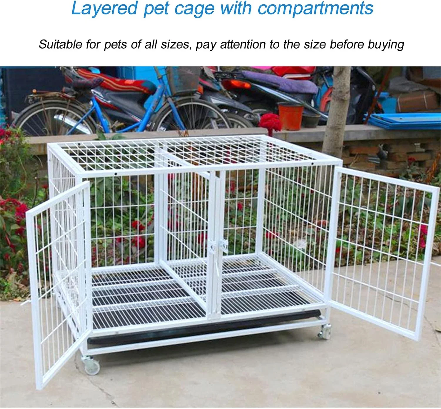 قفس سگ - لانه سگ فلزی قوی و مقاوم برای حیوانات خانگی با لوله مربعی مقاوم در برابر پارگی، دارای 4 چرخ قفل‌دار و سینی قابل جابجایی، مناسب برای سگ‌های بزرگ، نصب آسان