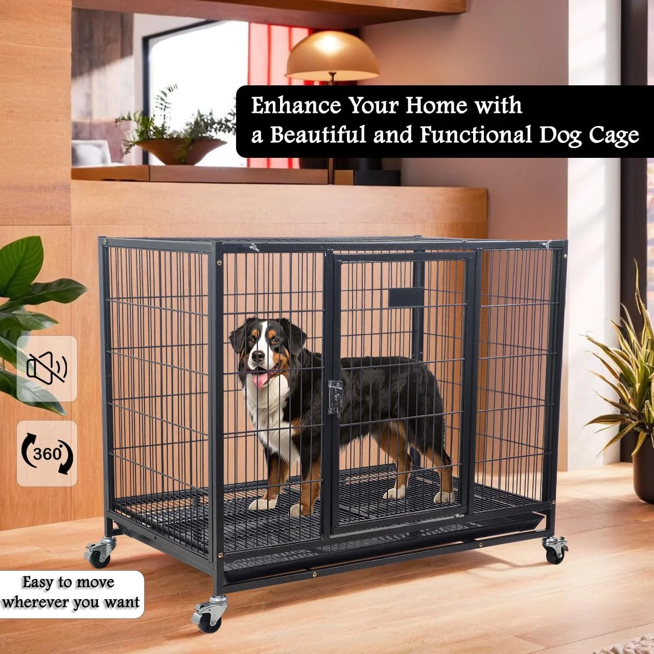 قفس سگ - باکس فلزی مقاوم برای سگ های بزرگ، متوسط و کوچک - لانه سگ با طراحی قابل انباشت با پوشش بالایی باز، درب قفل دار، سینی و چرخ های جهانی، مناسب برای استفاده در داخل و خارج از خانه، 94 سانتی متر (مشکی)