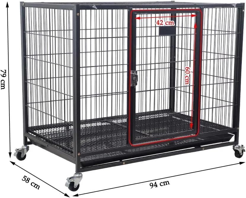 قفس سگ - باکس فلزی مقاوم برای سگ های بزرگ، متوسط و کوچک - لانه سگ با طراحی قابل انباشت با پوشش بالایی باز، درب قفل دار، سینی و چرخ های جهانی، مناسب برای استفاده در داخل و خارج از خانه، 94 سانتی متر (مشکی)