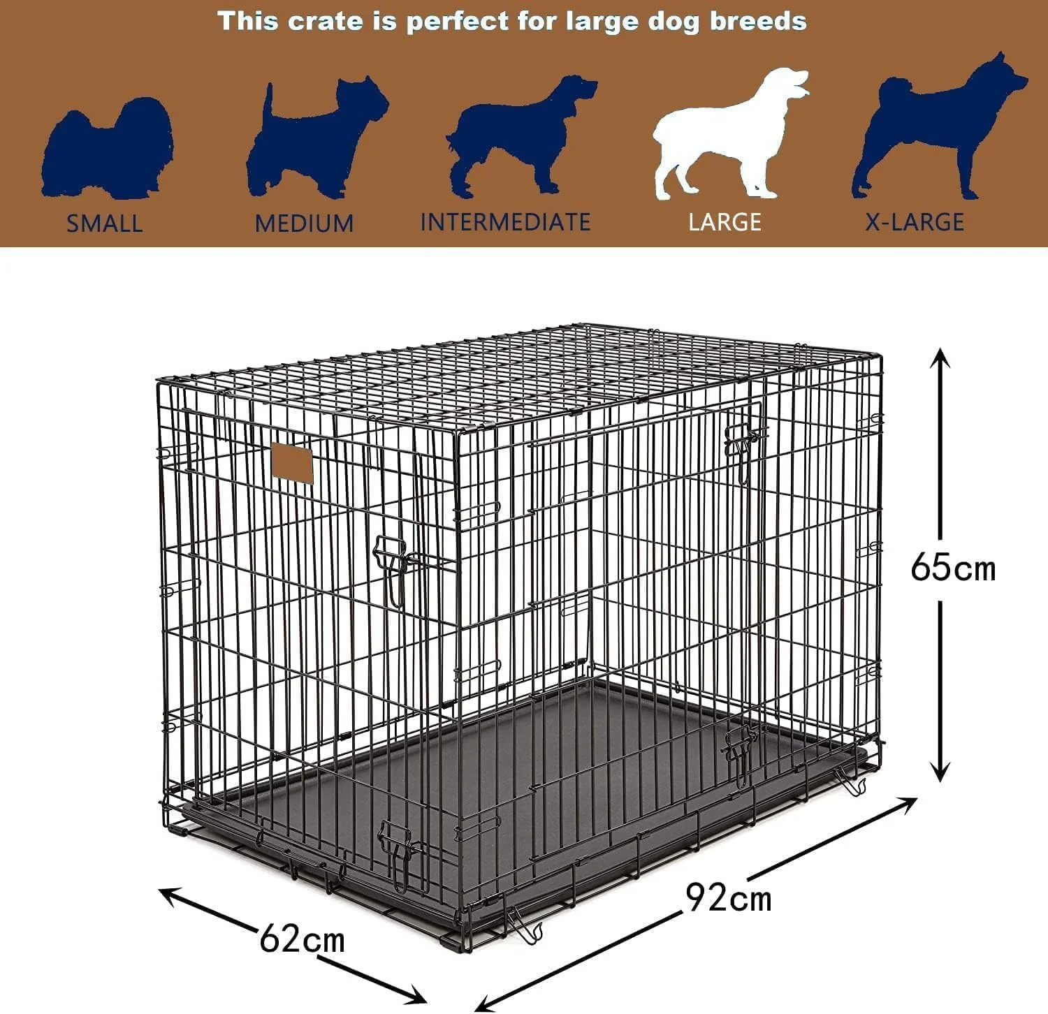 قفس سگ سیمی SKADE، بزرگ، با جداکننده، دو درب، لانه فلزی تاشو قابل حمل، سینی جداشدنی، با سینی پایه پلاستیکی مقاوم در برابر جویدن و دسته حمل، مناسب فضای داخلی/خارجی (بزرگ) (سایز بزرگ 92 * 62 * 65 سانتی متر)