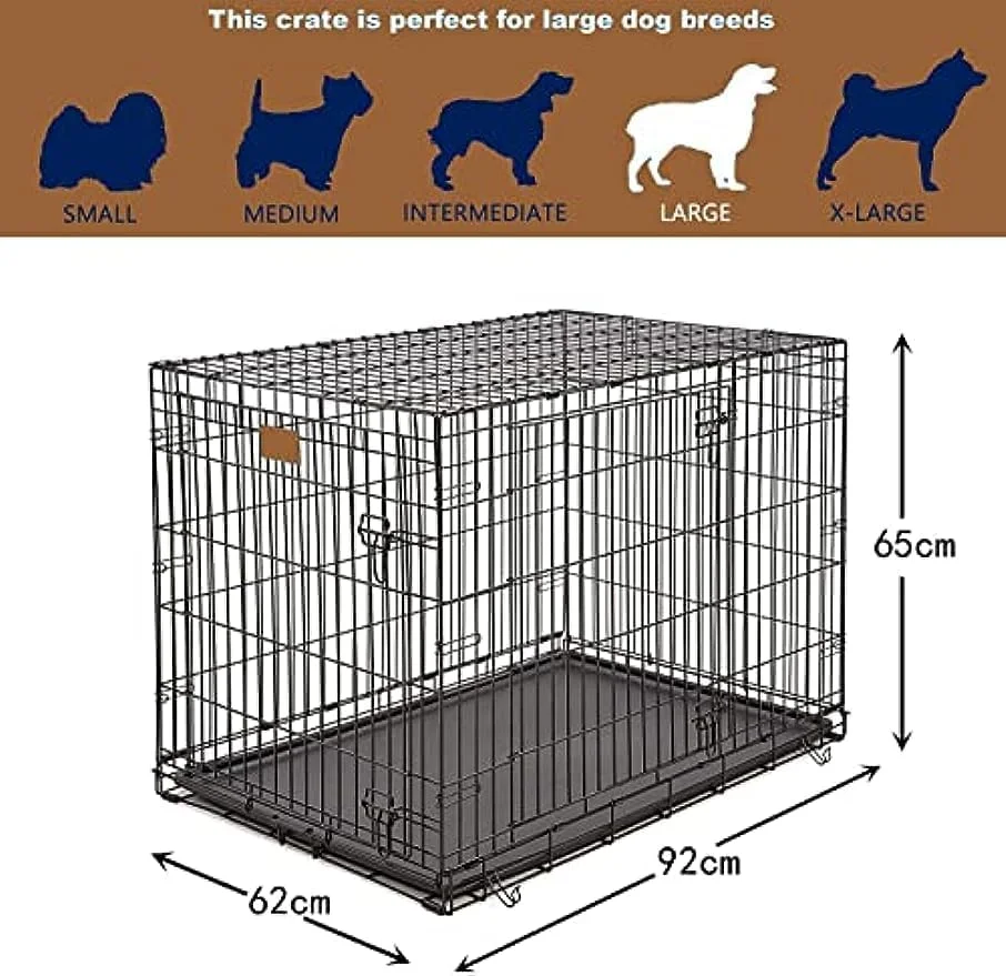 قفس سگ سیمی SKADE، بزرگ، با جداکننده، دو درب، لانه فلزی تاشو قابل حمل، سینی جداشدنی، با سینی پایه پلاستیکی مقاوم در برابر جویدن و دسته حمل، مناسب فضای داخلی/خارجی (بزرگ) (سایز بزرگ 92 * 62 * 65 سانتی متر)