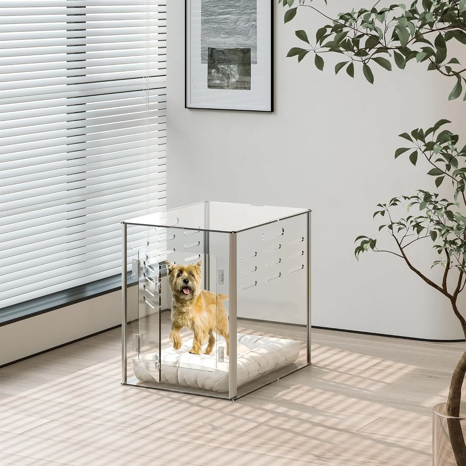 قفس سگ آکریلیک مبلمان دتان - قفس سگ شفاف داخلی با طراحی قفل‌دار و تهویه دار، میز کنار تختی مدرن شفاف برای حیوانات خانگی کوچک، قفس حیوانات خانگی بادوام و سنگین، 60x45x50 سانتی متر
