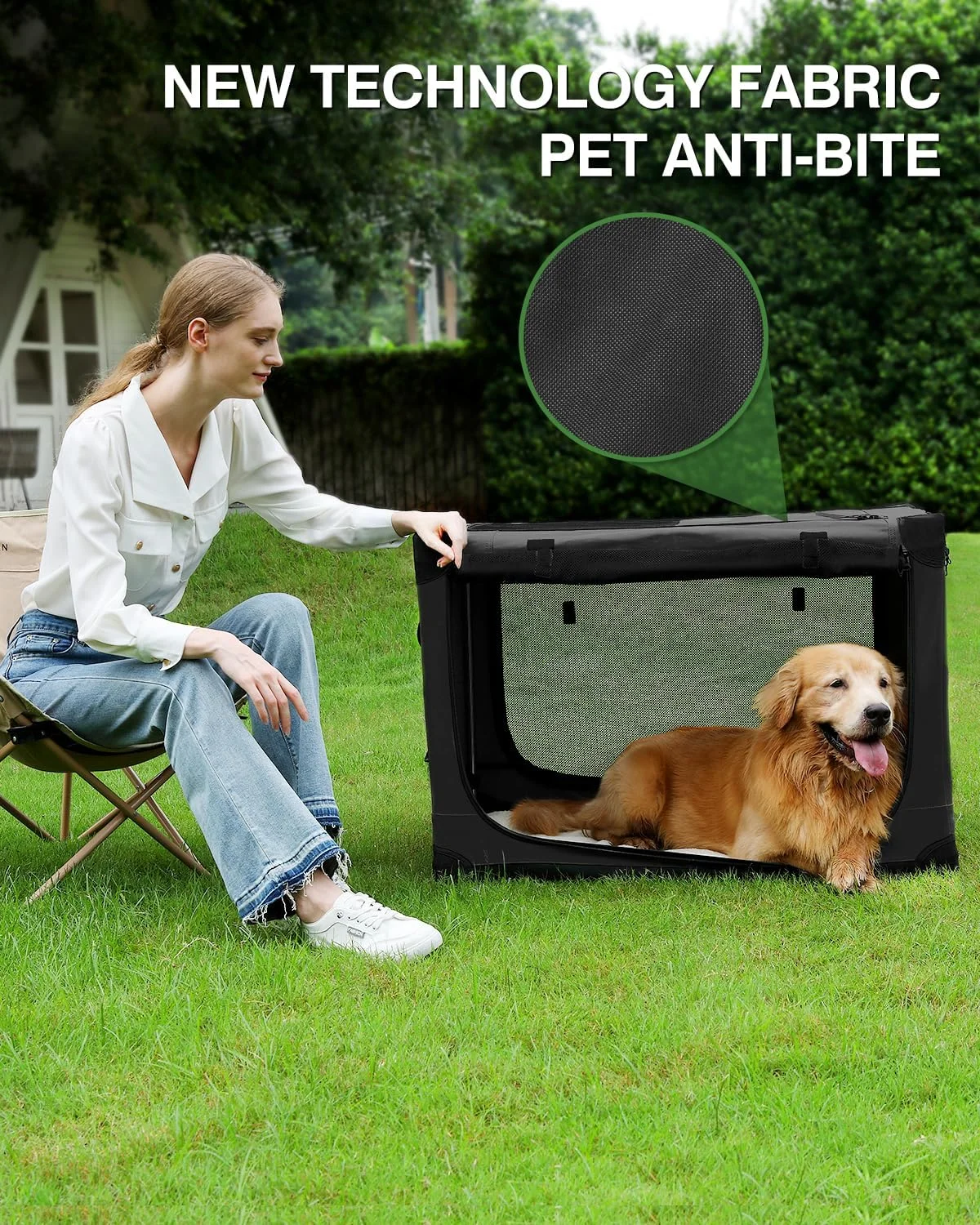  باکس حمل تاشو سگ دریمکوا مناسب سگ های سایز متوسط و بزرگ، باکس سگ قابل حمل با 4 درب، لانه نرم تاشو با پنجره های توری مقاوم در برابر جویدن برای مسافرت های داخلی و خارجی، به همراه کیف نگهداری، 60*42*42 سانتی متر، مشکی