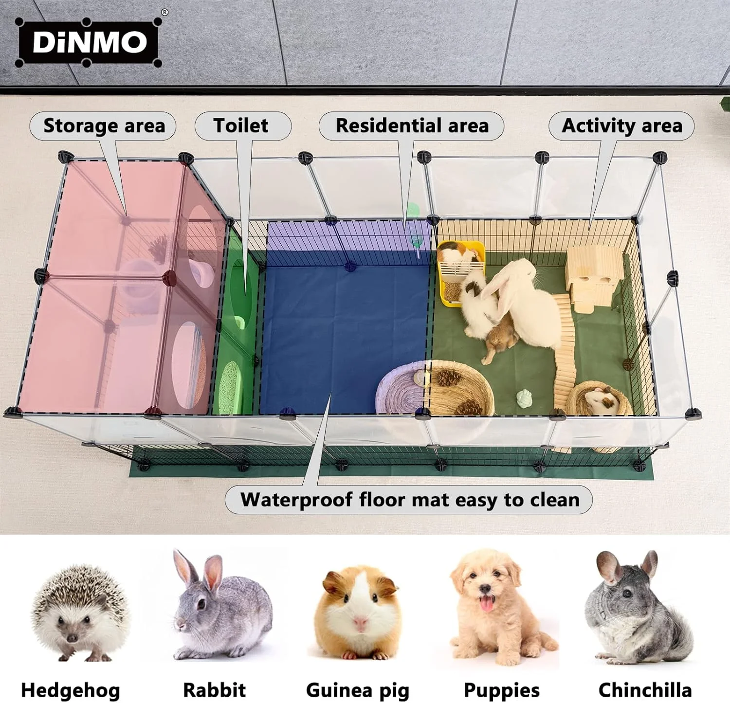 محوطه بازی حیوانات کوچک DINMO به همراه زیرانداز آکسفورد، ارتفاع 60 سانتی متر، حصار ورزشی حیوانات خانگی، محافظ منزل، ترکیبی از توری فلزی و پلاستیک، قابلیت دید، قابلیت ساخت به صورت DIY، سری سوراخ های بازی، 153x63x63 سانتی متر