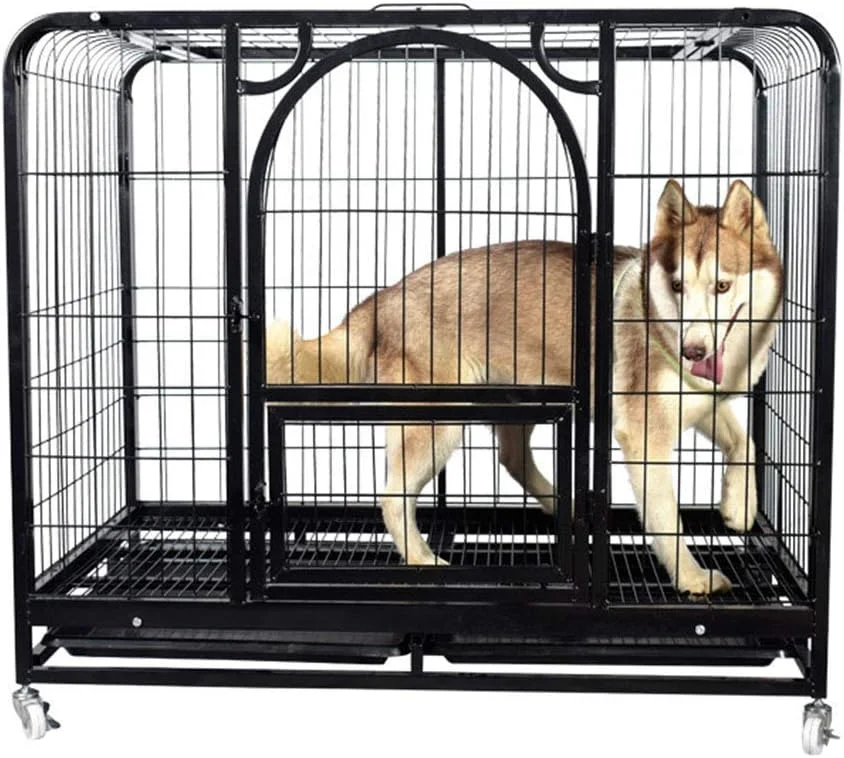 قفس حیوانات خانگی، قفس سگ لوکس با درب فلزی ضد جویدن، قفل، نورگیر تغذیه، سینی، چرخ جهانی، بنفش، 93 * 65 * 82 سانتی متر (رنگ: مشکی، سایز: 78 * 54 * 72 سانتی متر)