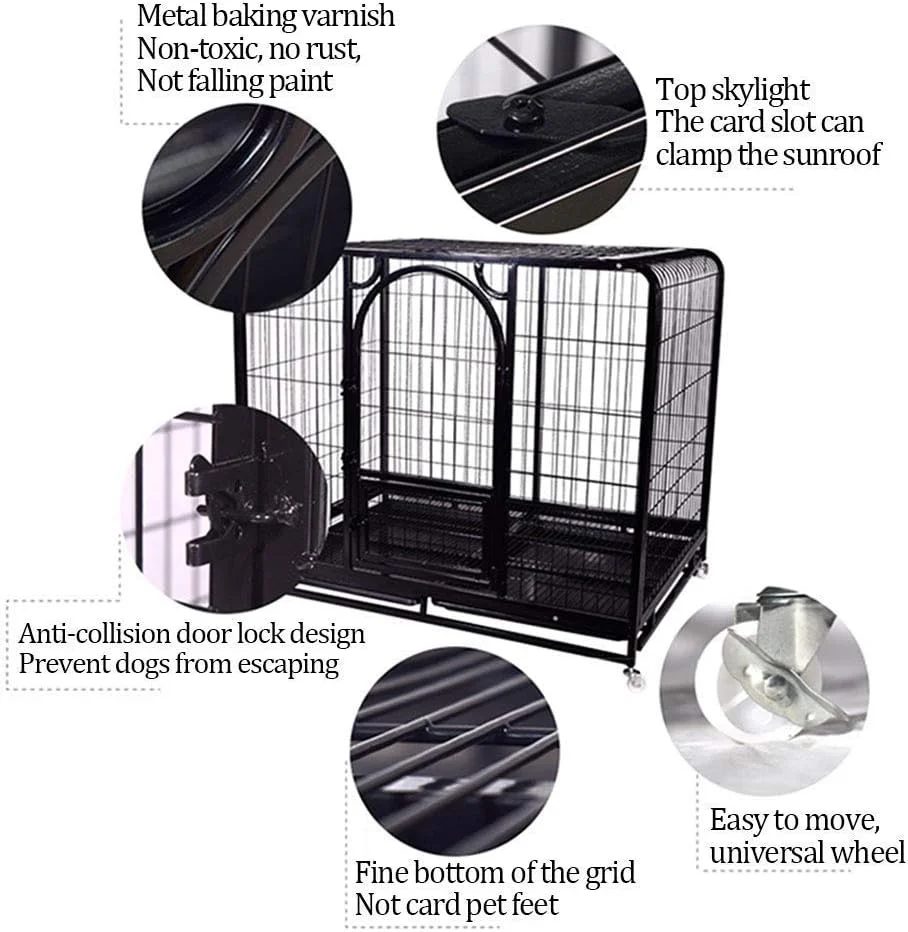 قفس حیوانات خانگی، قفس سگ لوکس با درب فلزی ضد جویدن، قفل، نورگیر تغذیه، سینی، چرخ جهانی، بنفش، 93 * 65 * 82 سانتی متر (رنگ: مشکی، سایز: 78 * 54 * 72 سانتی متر)