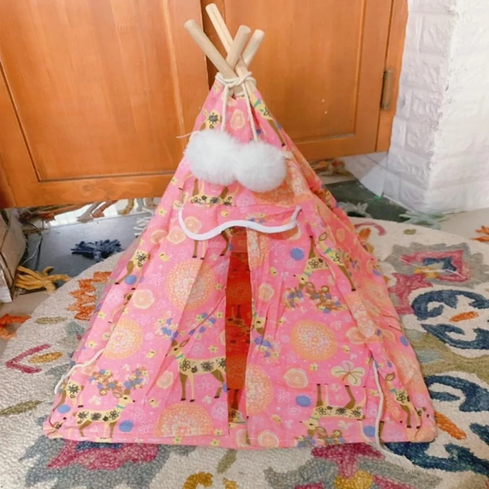 چادر گربه خانه سگ تیپی با کوسن قابل شستشو مناسب فضای داخلی و خارجی، خانه حیوانات خانگی طرح بوهمی، چهارخانه و کارتونی (تک سایز، گوزن صورتی)