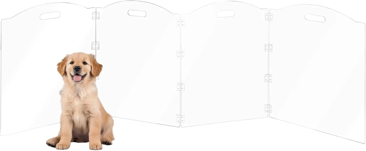 محوطه بازی سگ آکریلیک Cutora برای خانه، 4 پنل 80 اینچ عرض در 24 اینچ ارتفاع، دروازه سگ تاشو داخلی با دستگیره، حصار حیوانات خانگی مستقل، محوطه شفاف سگ برای سگ های متوسط، توله سگ، گربه، لوازم جانبی خرگوش