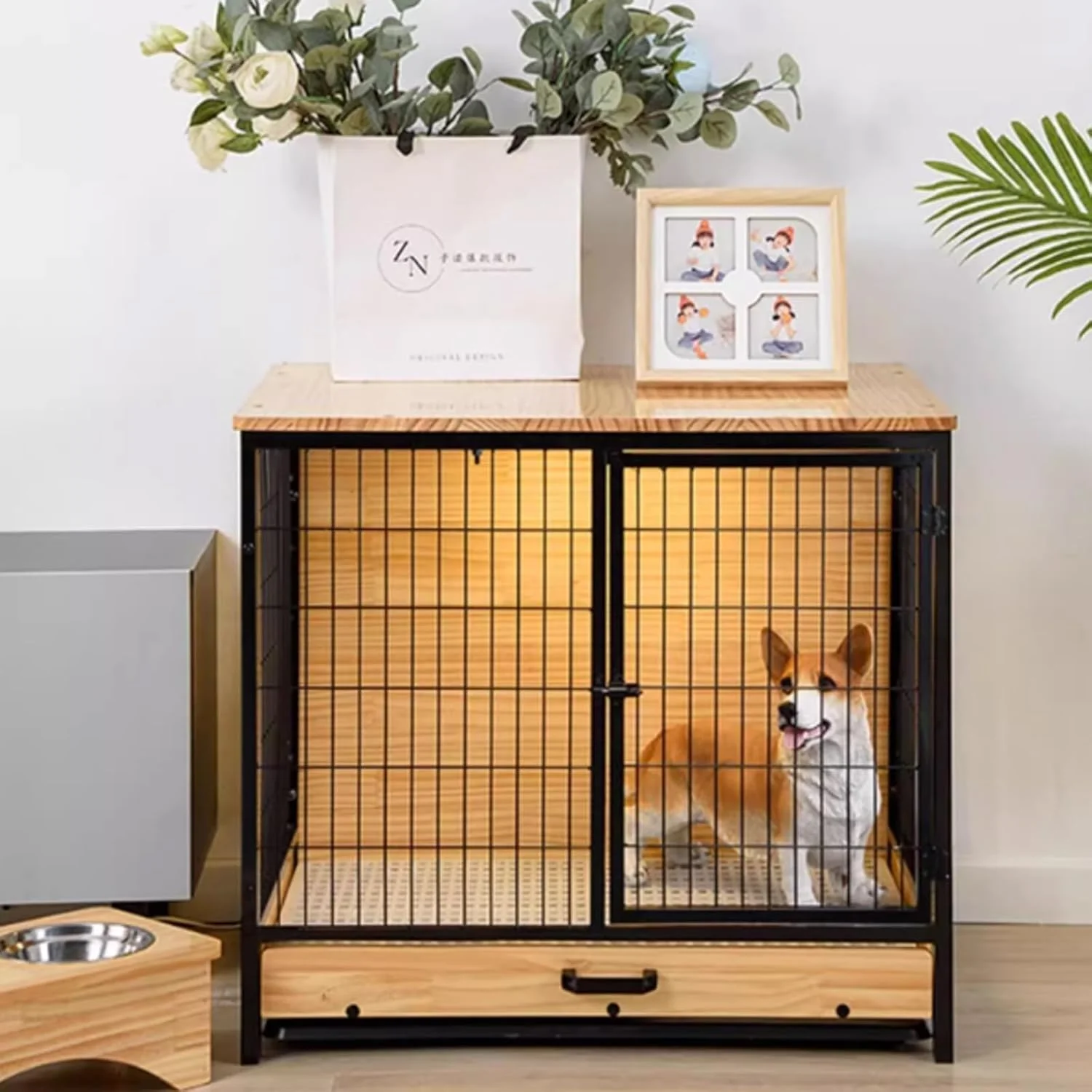 قفس سگ مبلمان، میز چوبی لانه سگ با نور، خانه سگ به سبک مبلمان برای سگ های کوچک و متوسط (کوچک)