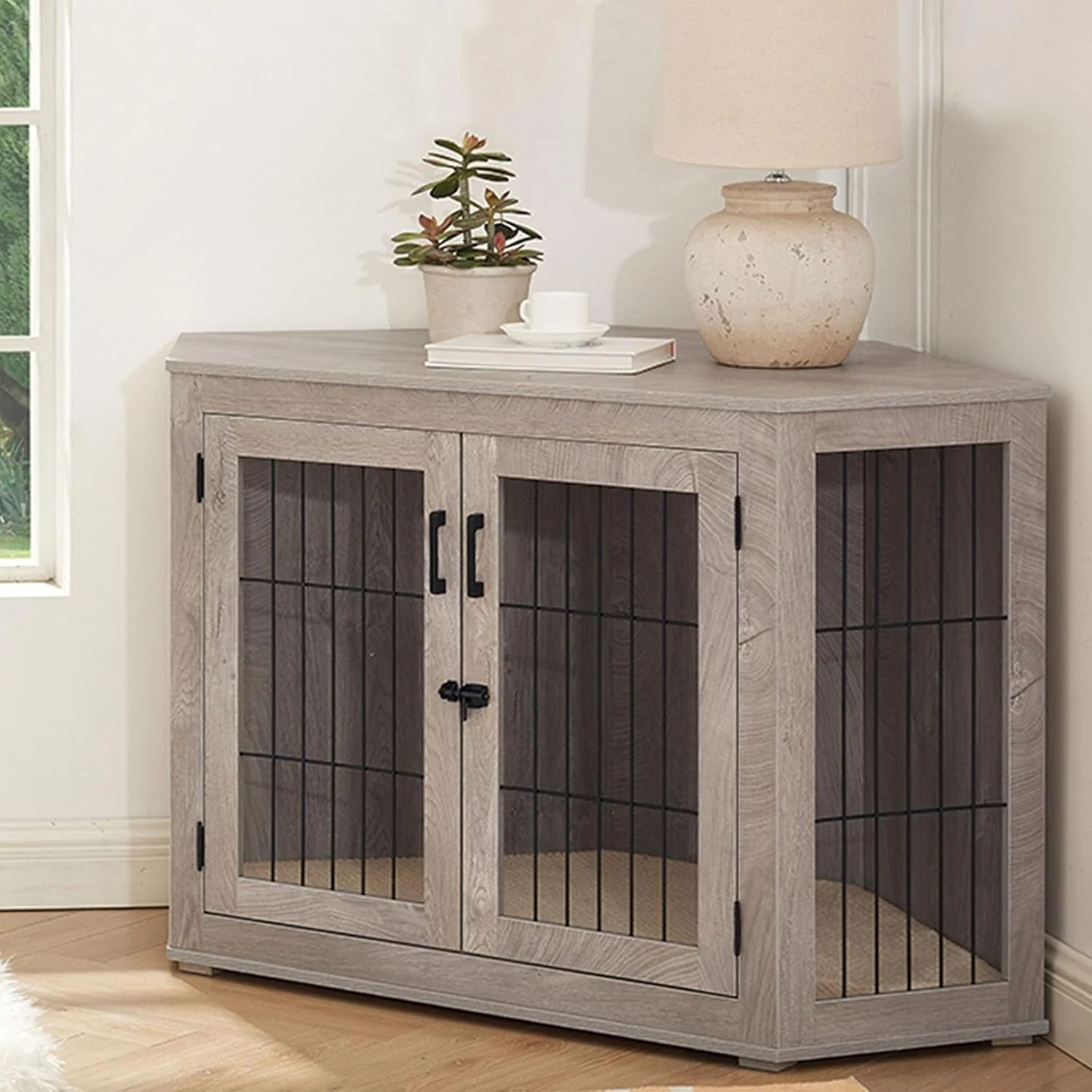 قفس سگ گوشه ای مبلمان، میز کنار تختی چوبی قفس سگ با توری، 2 درب، قفس حیوانات خانگی تزئینی برای استفاده در داخل خانه