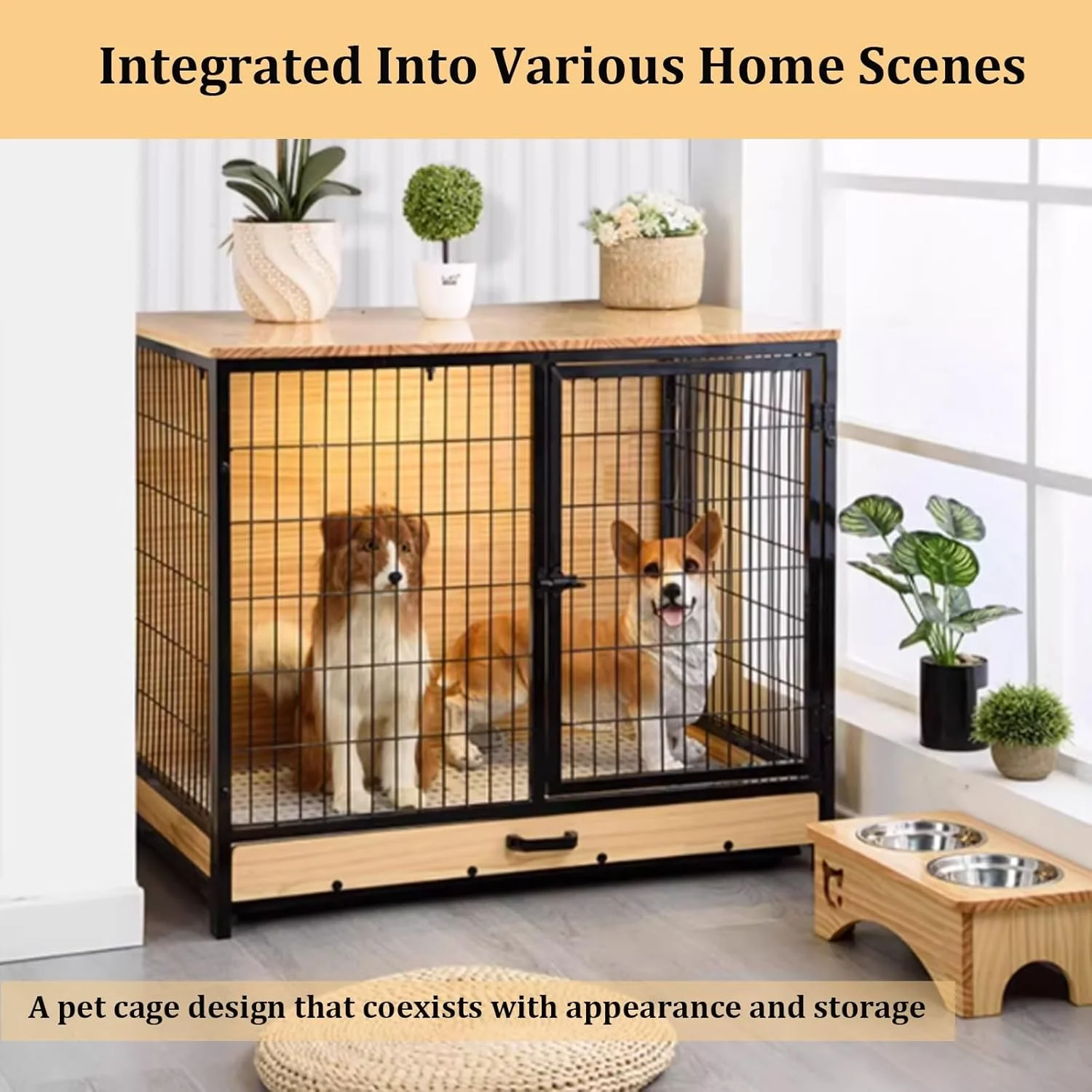 قفس سگ مبلمان، میز چوبی لانه سگ با نور، خانه سگ به سبک مبلمان برای سگ های کوچک و متوسط (کوچک)